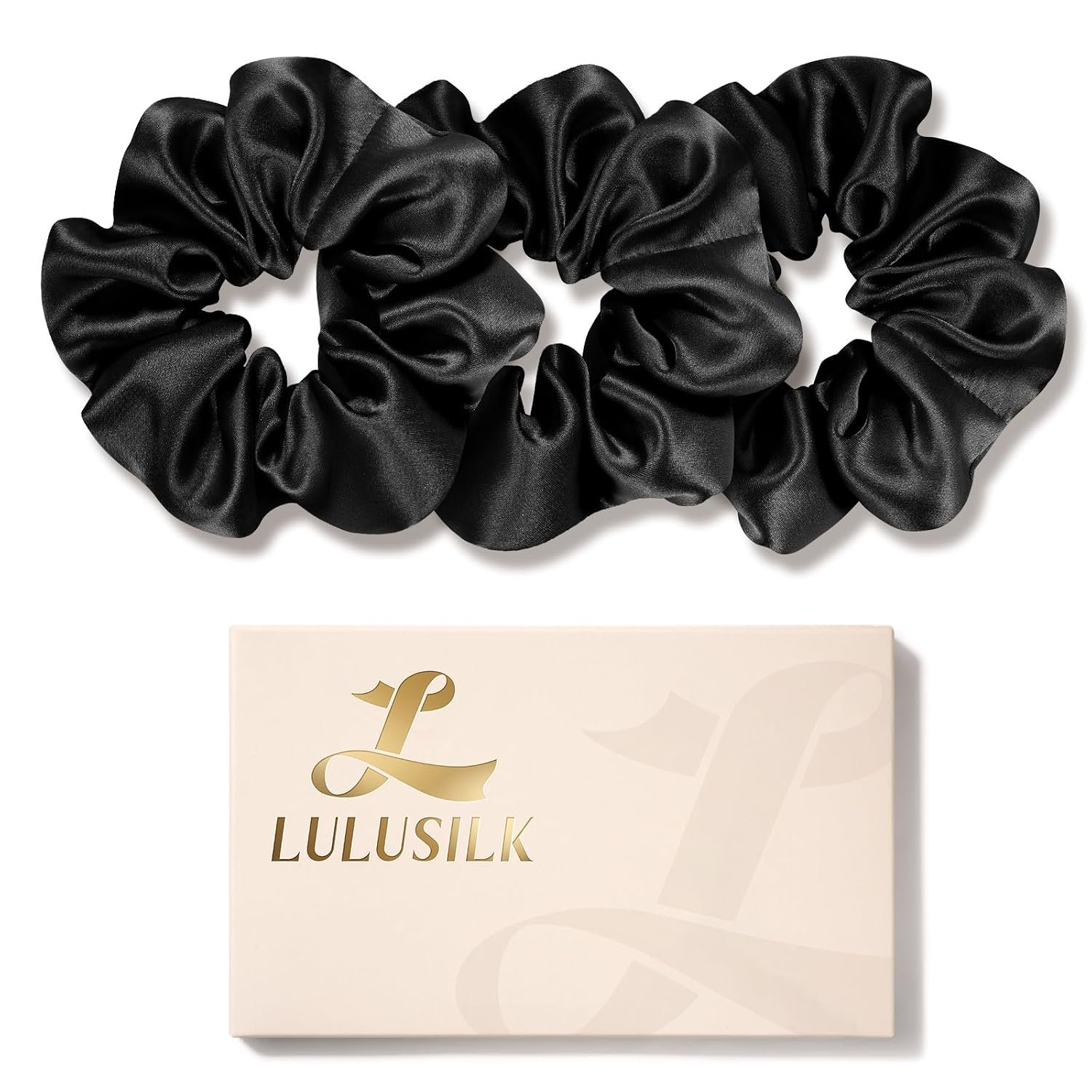 LULUSILK 100% Mulberry Silk Scrunchies for Women, Black, 3-Pack, Hair Sleep