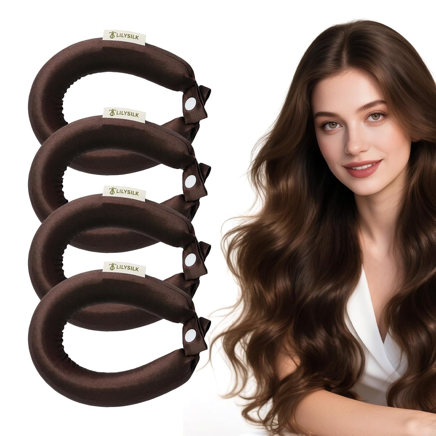LILYSILK Pure Mulberry Silk Hair Roller For Women Heatless Curler Night Care Sleep Rod 4pc, Brown Collection