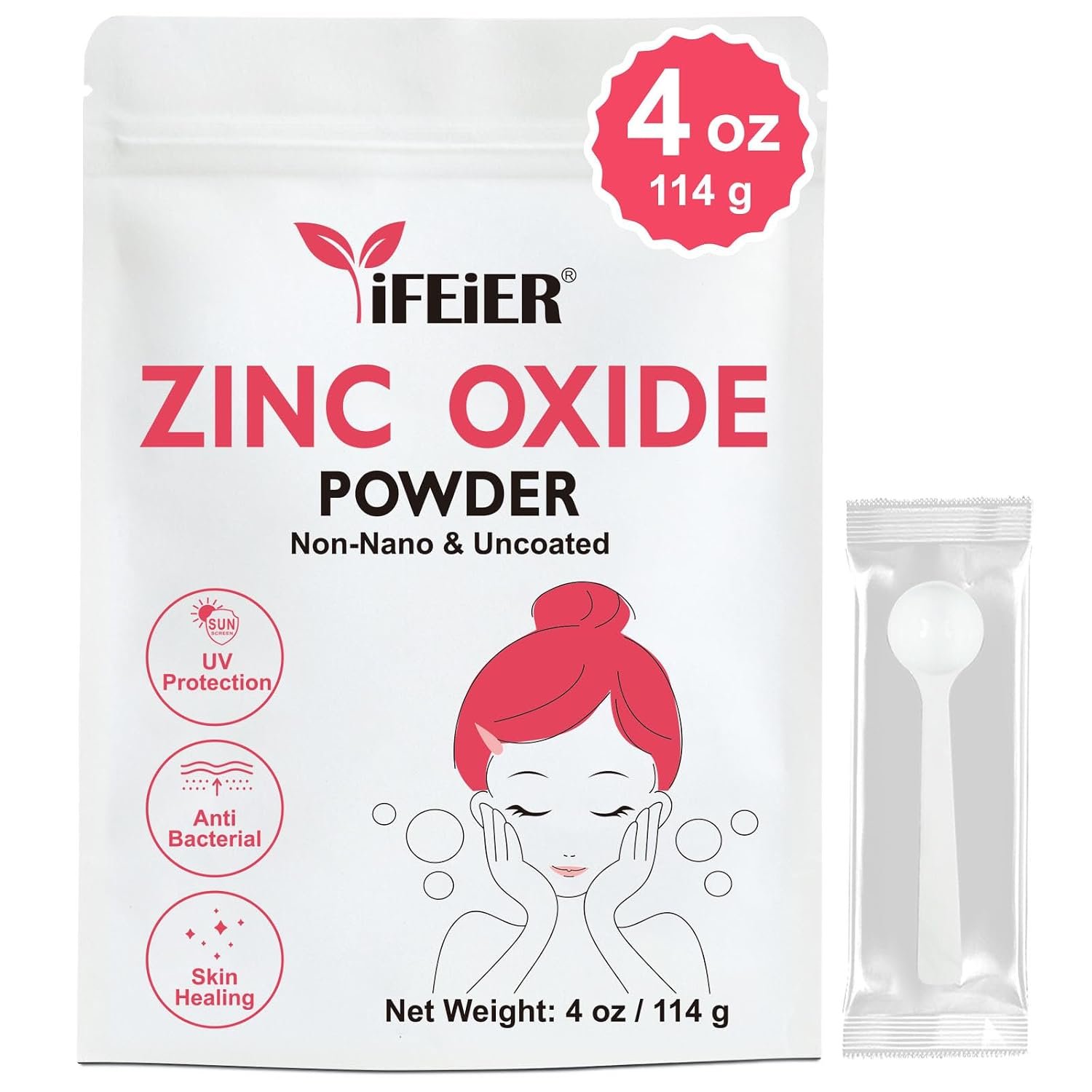 iFEiER Zinc Oxide Powder | 4oz (114g) 100% Pure Non Nano Uncoted Zinc Oxide Powder for Skin Protection | Cosmetics Grade Ideal for DIY Sunscreen, Lotion, Deodorant, and Skincare