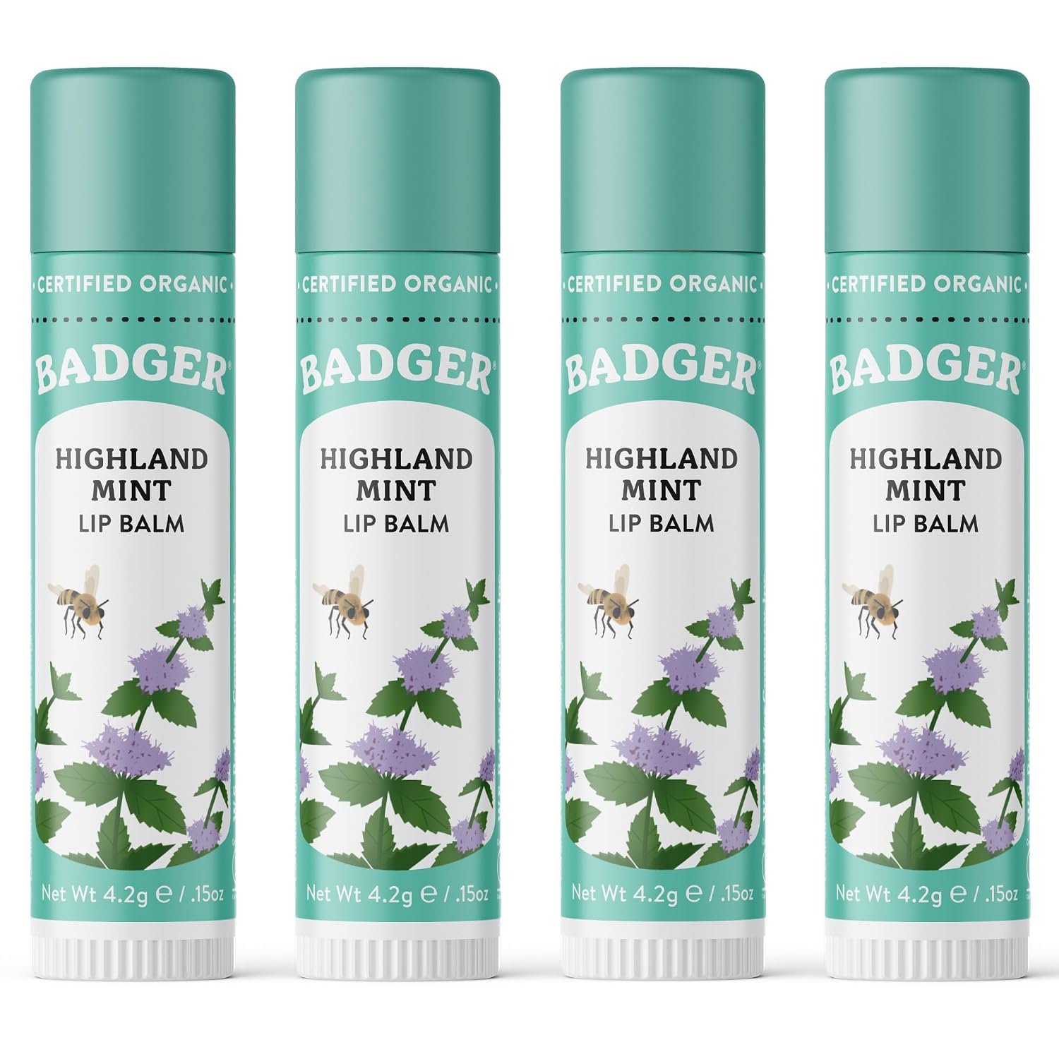 Badger Highland Mint Classic Lip Balm, 4 Pack
