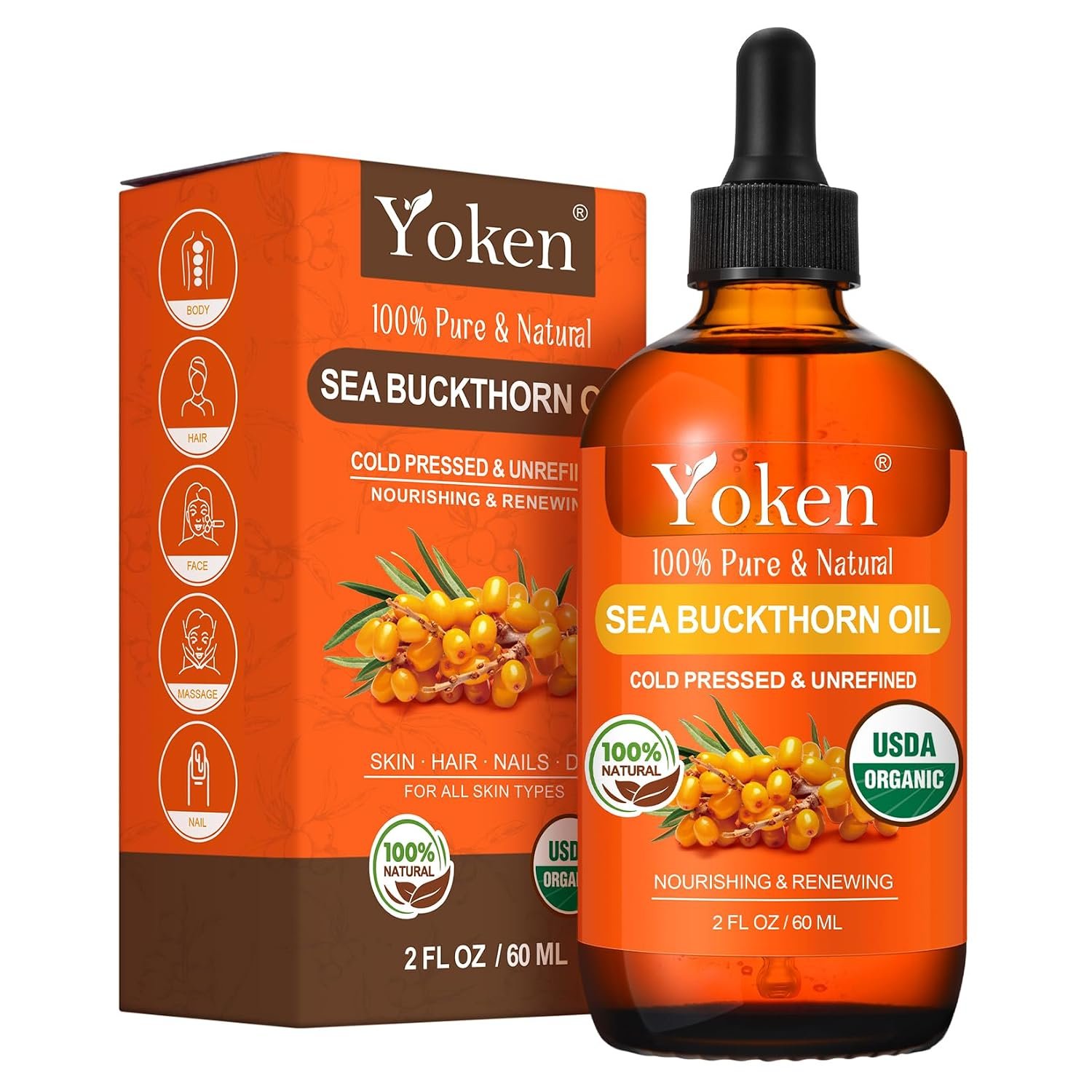 USDA Sea Buckthorn Oil Organic 2oz, Cold Pressed Berry Oil for Face Hair