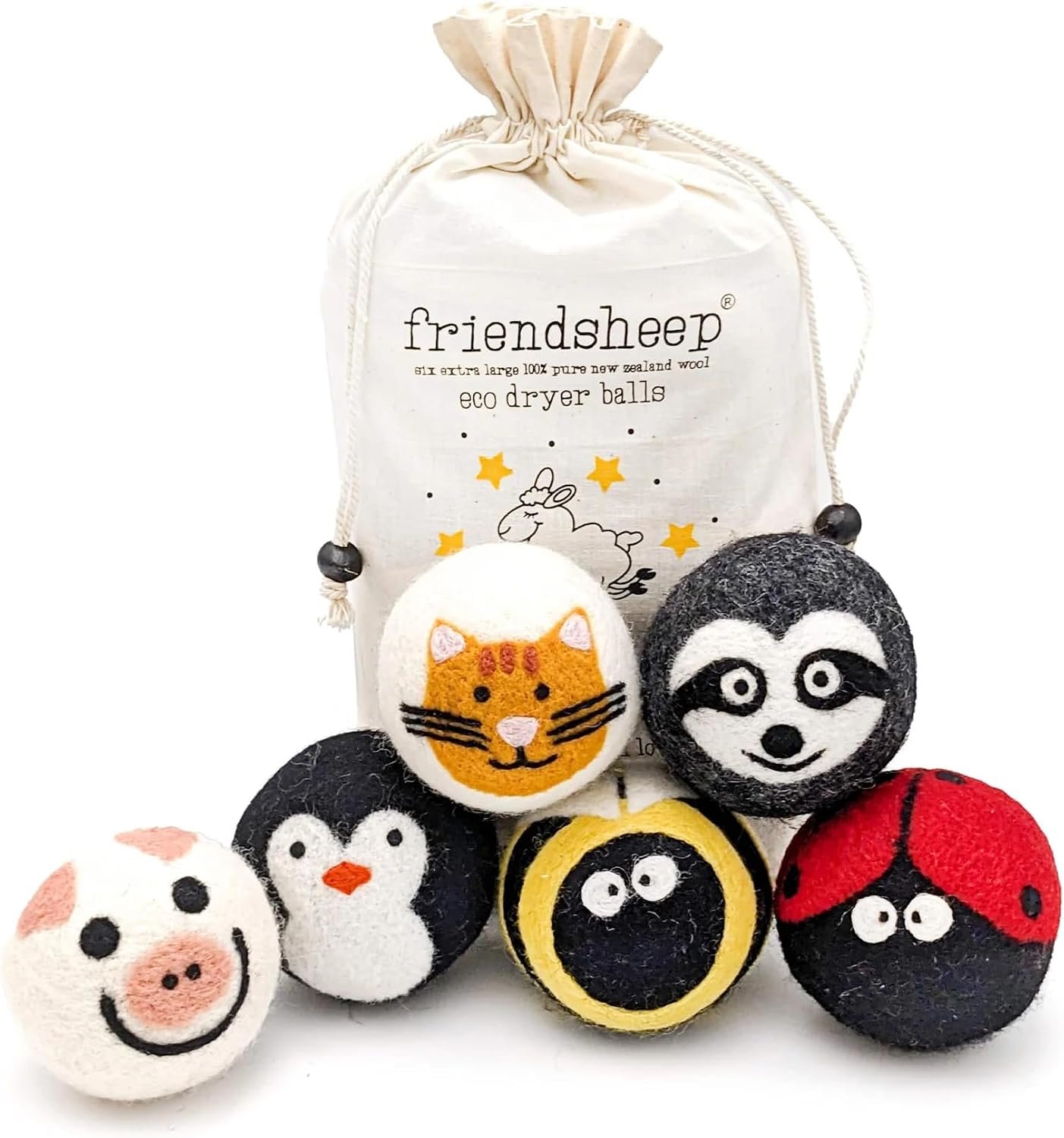 Friendsheep Wool Dryer Balls (6 Pack XL – Critter Camp)