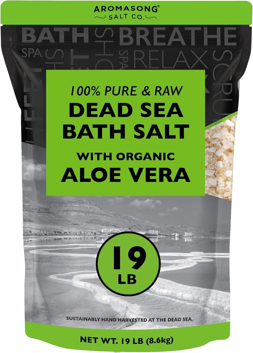 Aromasong 19 lbs RAW Dead Sea Salt with Organic Aloe Vera, not Cleaned, Still Contains All Dead sea Minerals Including Dead sea Mud, Fine Medium Grain Large resealable Bulk Pack – Packaging May Vary