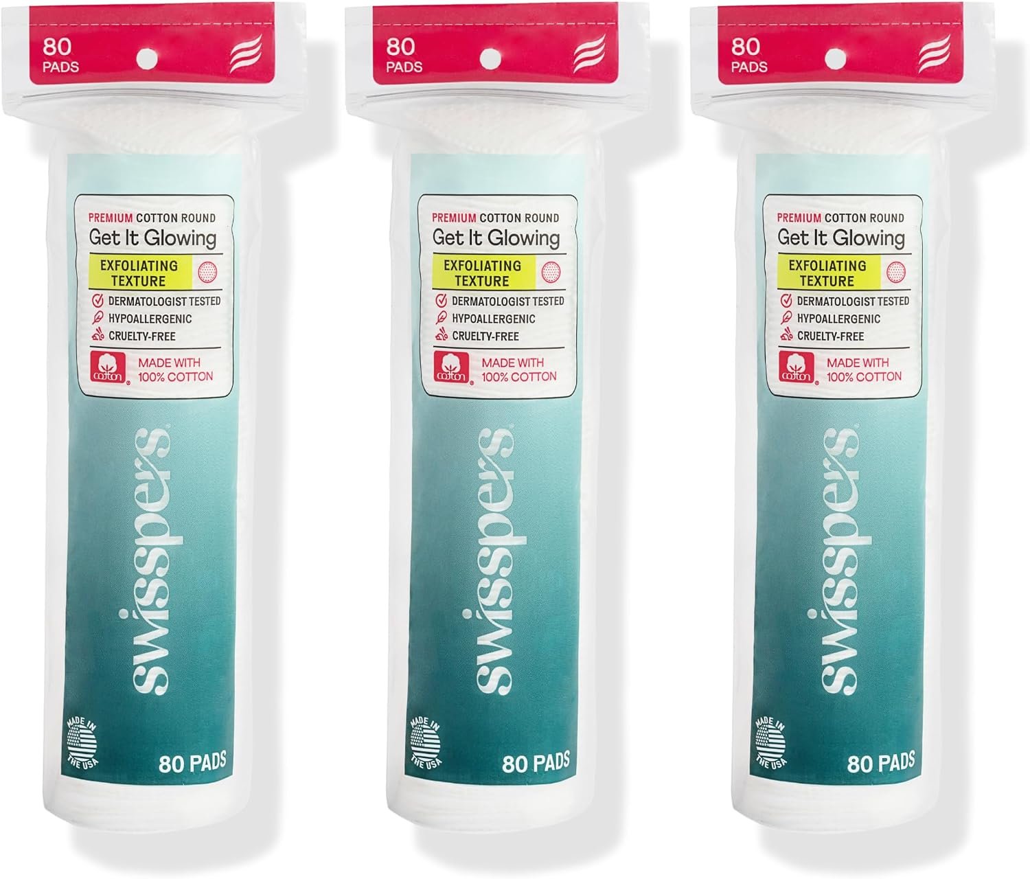 Swisspers Premium Exfoliating Cotton Rounds, Dual-Sided (Pack of 3)
