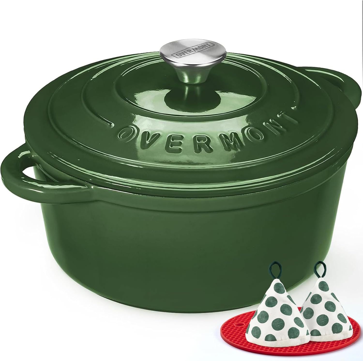 Overmont Enameled Cast Iron Dutch Oven – 4.5QT Pot with Lid Cookbook & Cotton Potholders – Heavy-Duty Cookware for Braising, Stews, Roasting, Bread Baking GlossyGreen