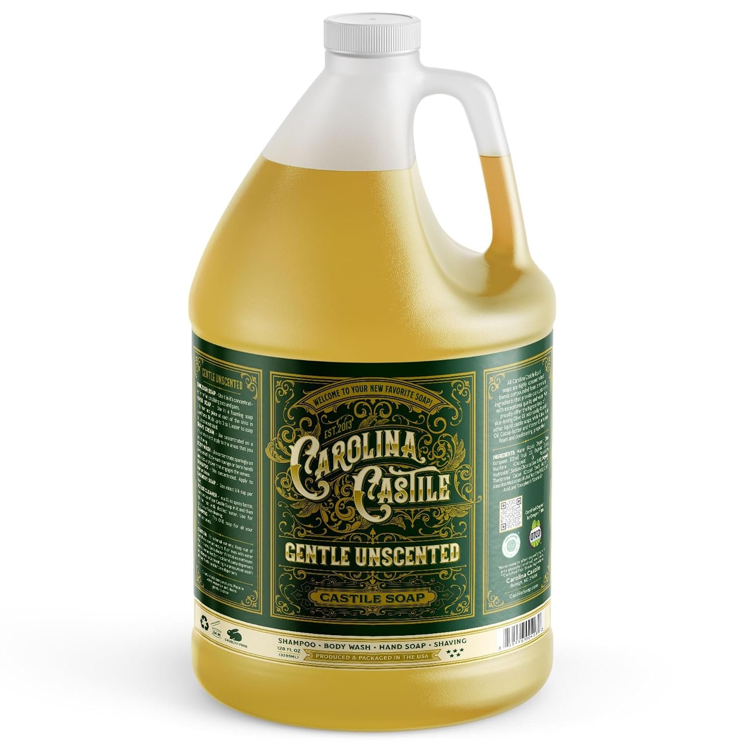 Carolina Castile Soap Castile Soap Liquid Unscented – 1 Gallon Vegan & Pure Organic Soap Concentrated Non Drying All Natural Formula Good for Sensitive Skin (1 Gallon)