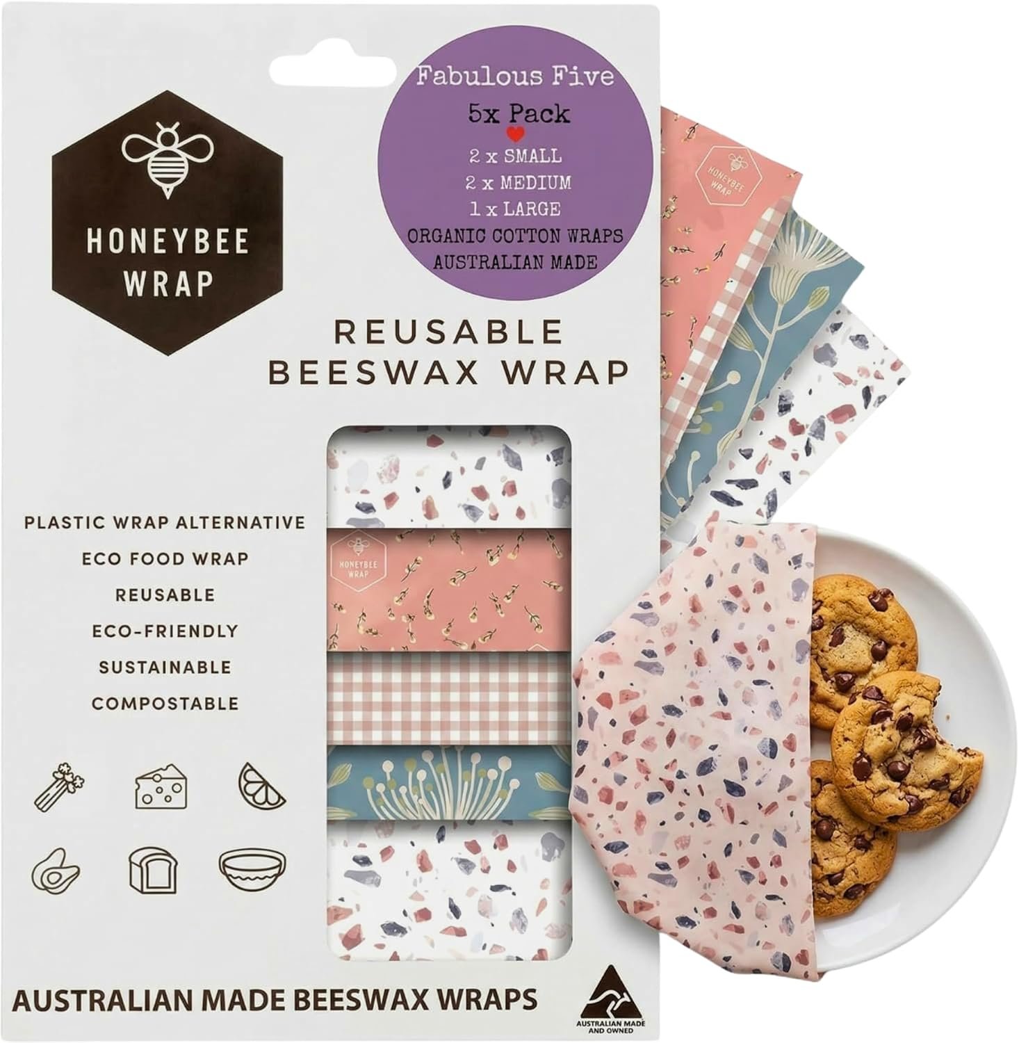Reusable Beeswax Wraps, Organic Cotton, 5 Pack Neutral Prints