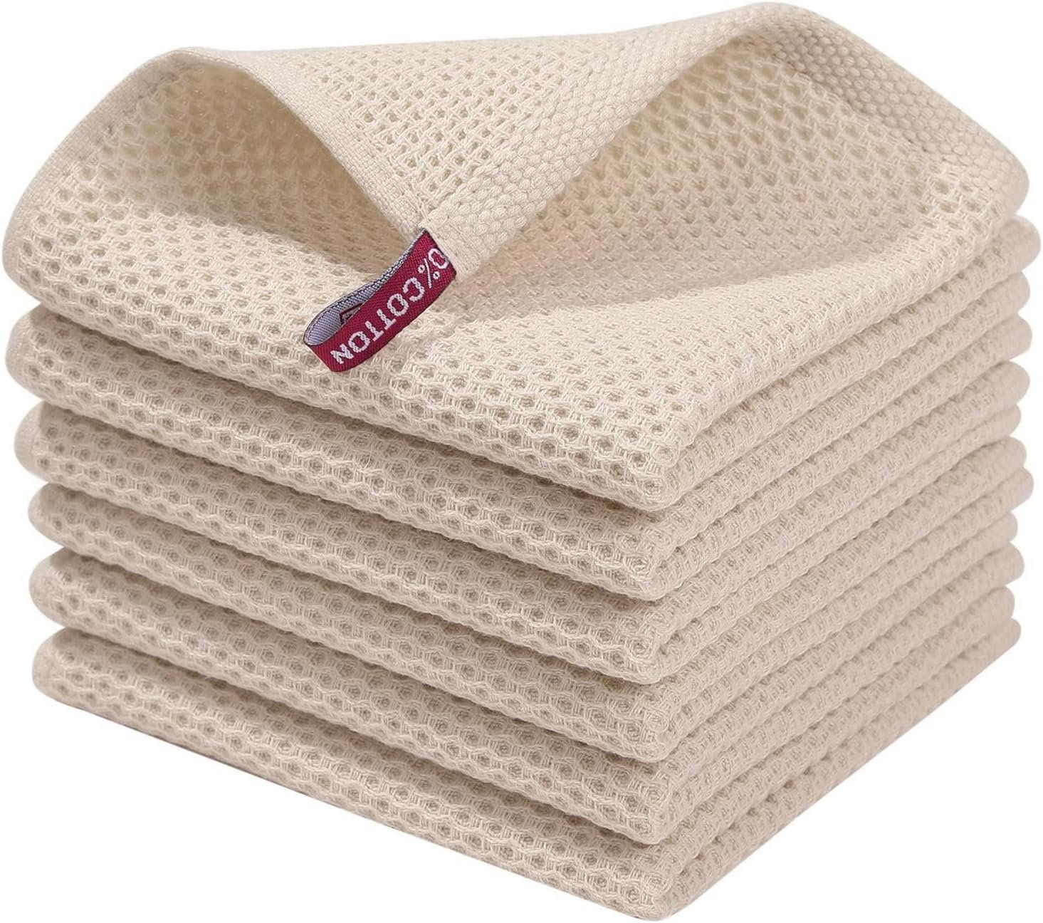 Homaxy 100% Cotton Waffle Weave Kitchen Dish Cloths 6-Pack, Beige
