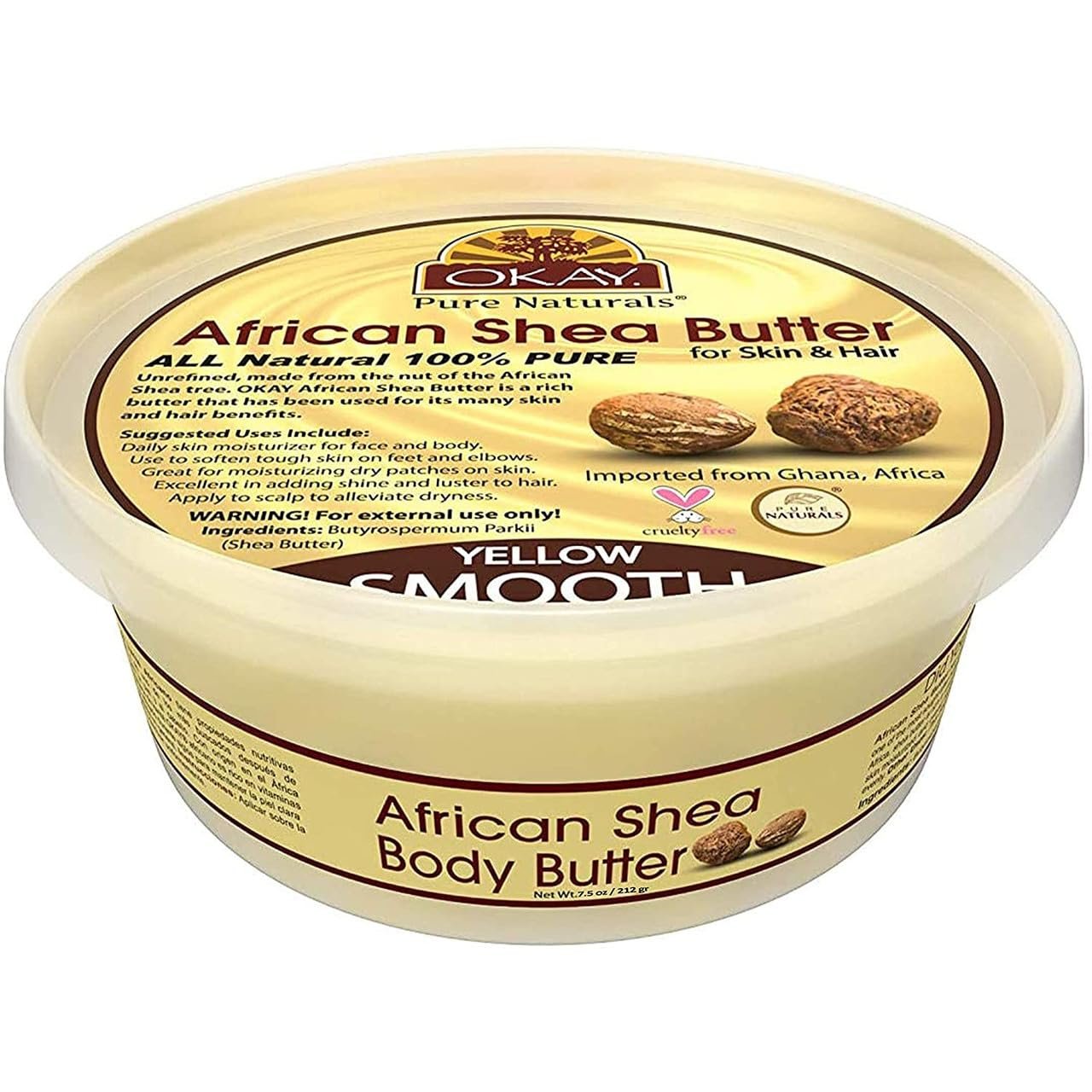 Okay Smooth All Natural, 100% Pure Unrefined Daily Skin Moisturizer For Face&Body, Yellow, Shea Butter, 8 Oz