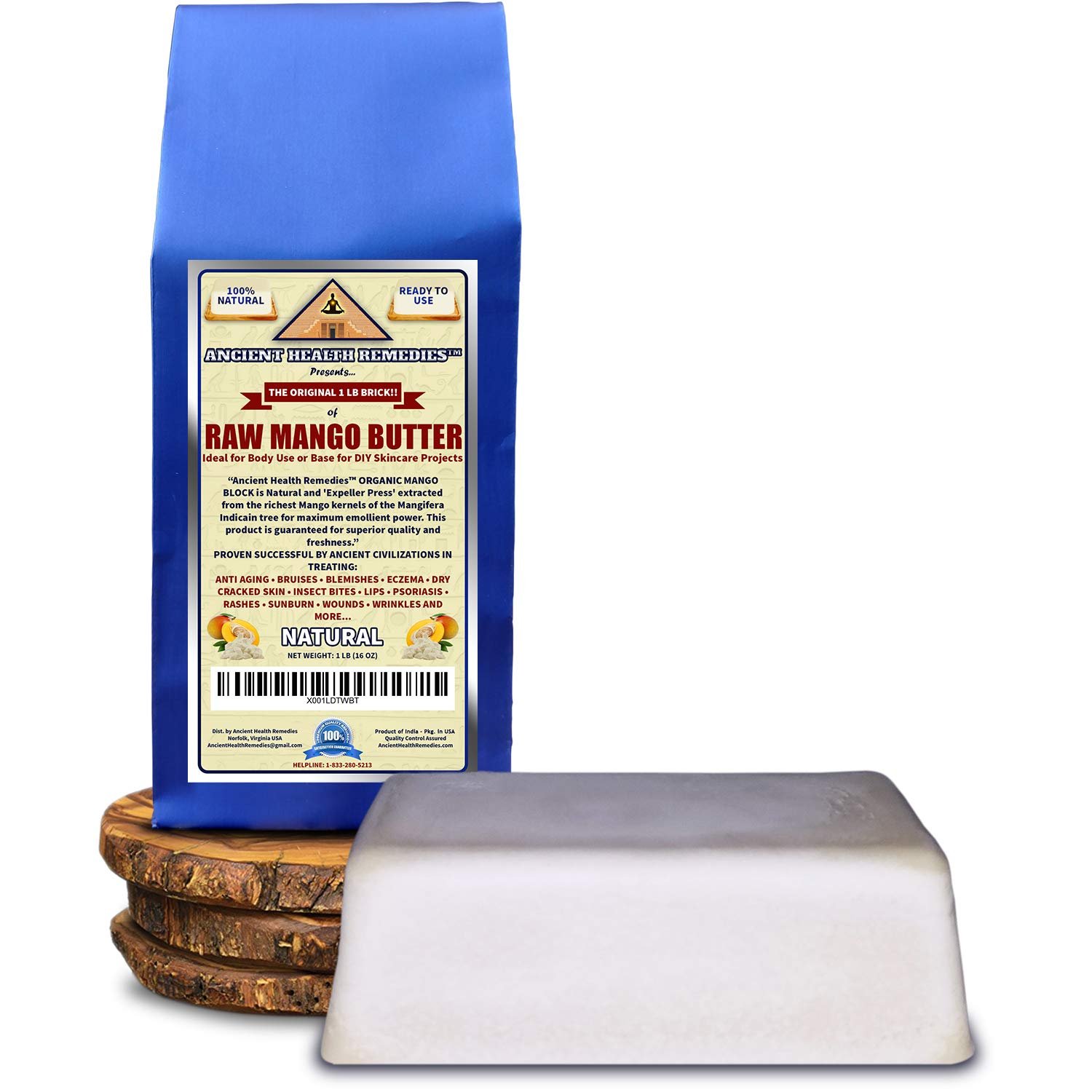 Ancient Health Remedies Organic Unrefined Raw MANGO BUTTER 1 LB (16 oz) BLOCK Bulk, Light Mango Aroma, Non-Greasy Base for Beauty, Skin Moisturizing, DIY Base for Body Butters & Hand Cream (INDIA)