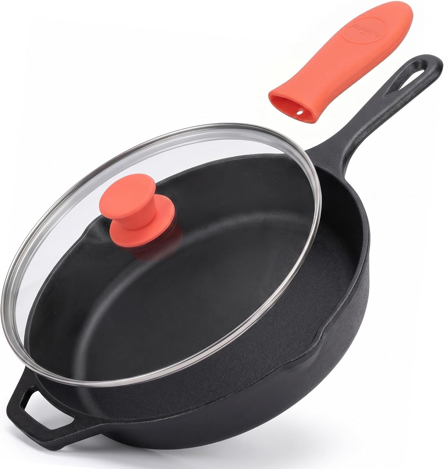 Nutrichef 10 Inch Cast Iron Skillet with Lid – Pre-Seasoned Small Fry Pan with Side Drip Spout and Silicone Handle