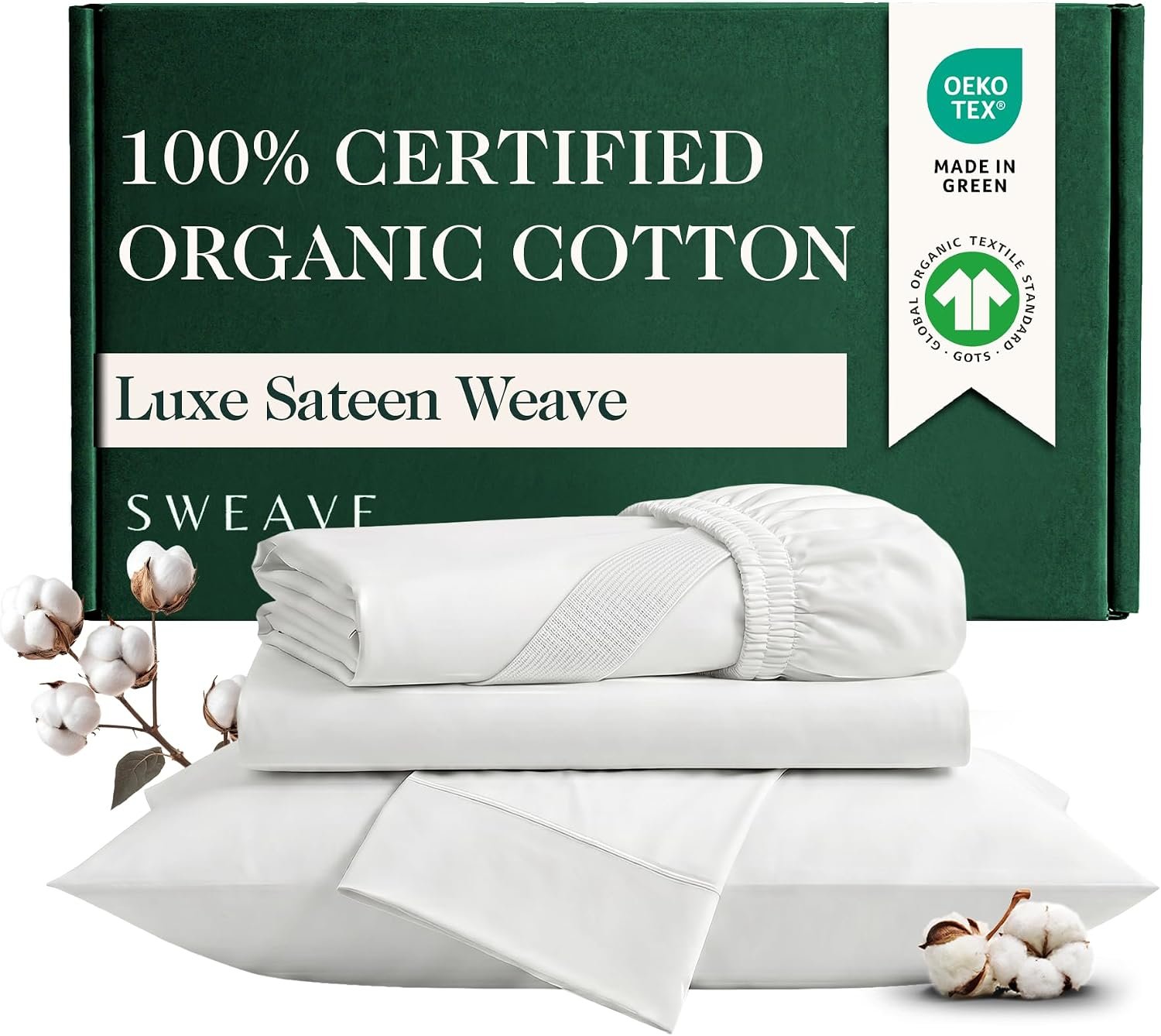 100% GOTS Certified Organic Cotton Sheet Set, Twin Size, 3Pcs, White