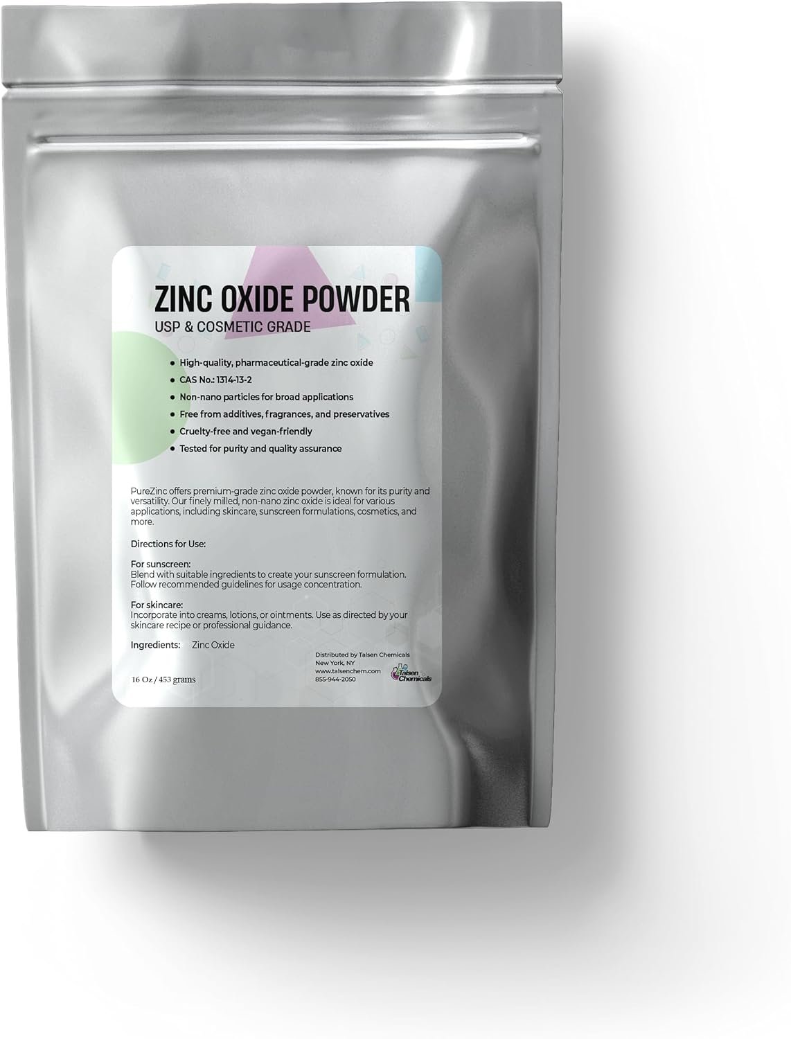Zinc Oxide Powder (16 Ounce / 453 Grams)- Non-Nano, USP Grade by Talsen Chemicals