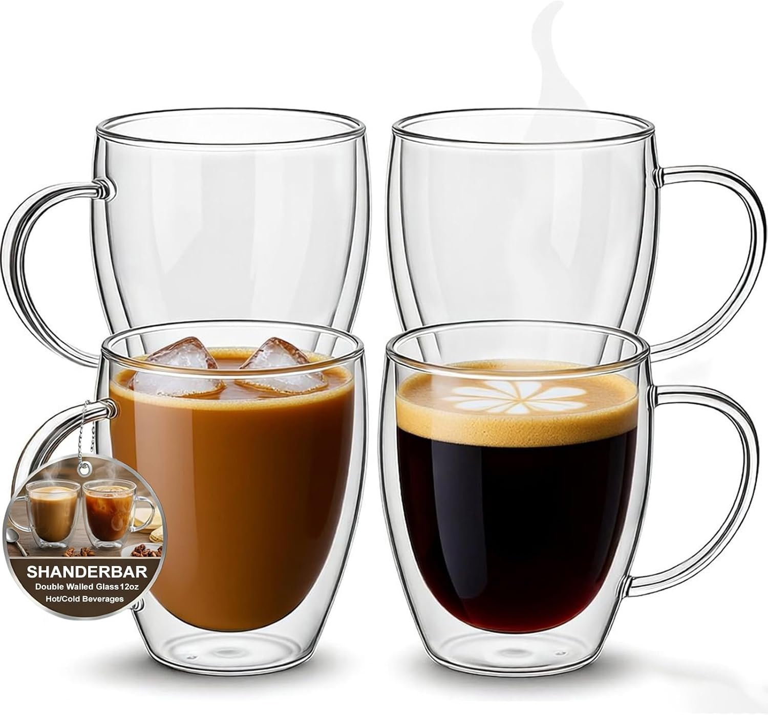 12oz Double Walled Glass Coffee Mugs with Handles, Set of 4