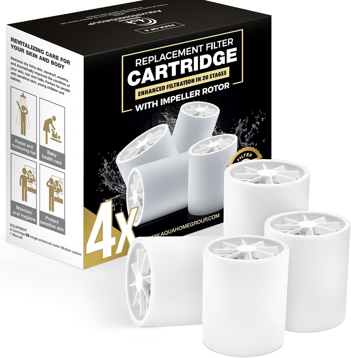 AquaHomeGroup 20-Stage Premium Shower Filter Replacement Cartridge with Spin Propeller 4-Pack (No Housing) – Water Filter Refill Compatible with Any Shower Filter of Similar Design 15 and 20 Stages