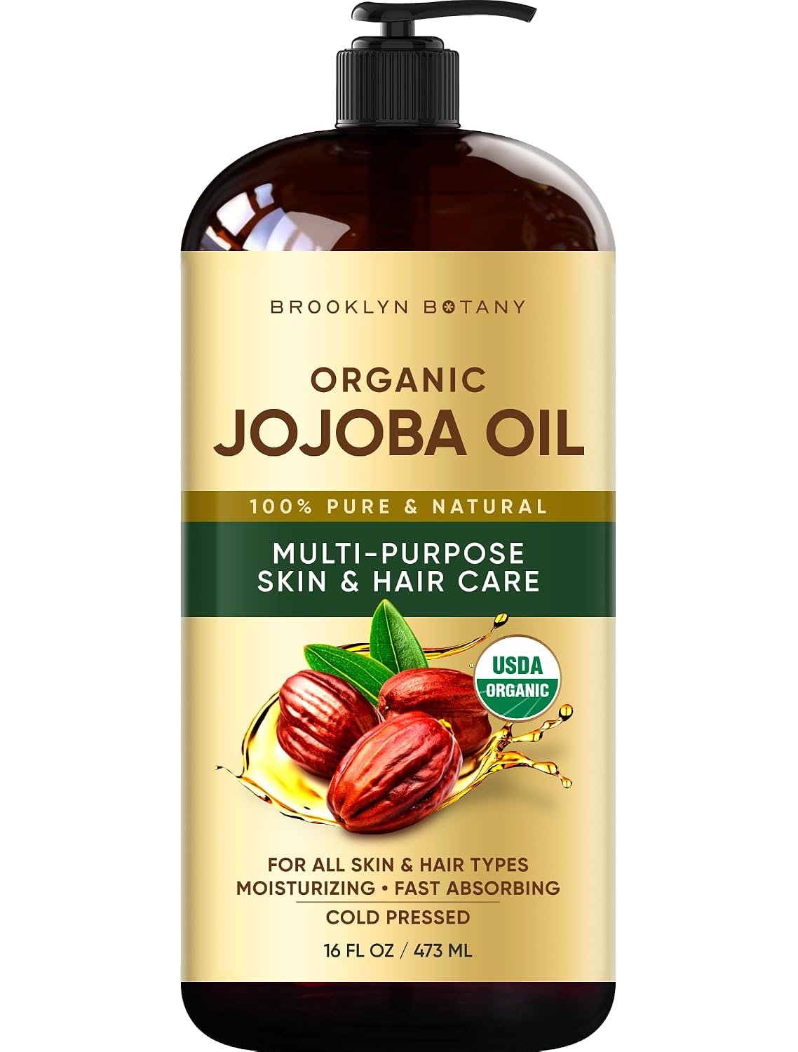 Brooklyn Botany Cold-Pressed Organic Jojoba Oil | 16 Fl Oz | Hair | Face | Body | 100% Pure and Natural | Carrier Oil | Aromatherapy | Massage | Ayurvedic Hair Care | Hexane-Free