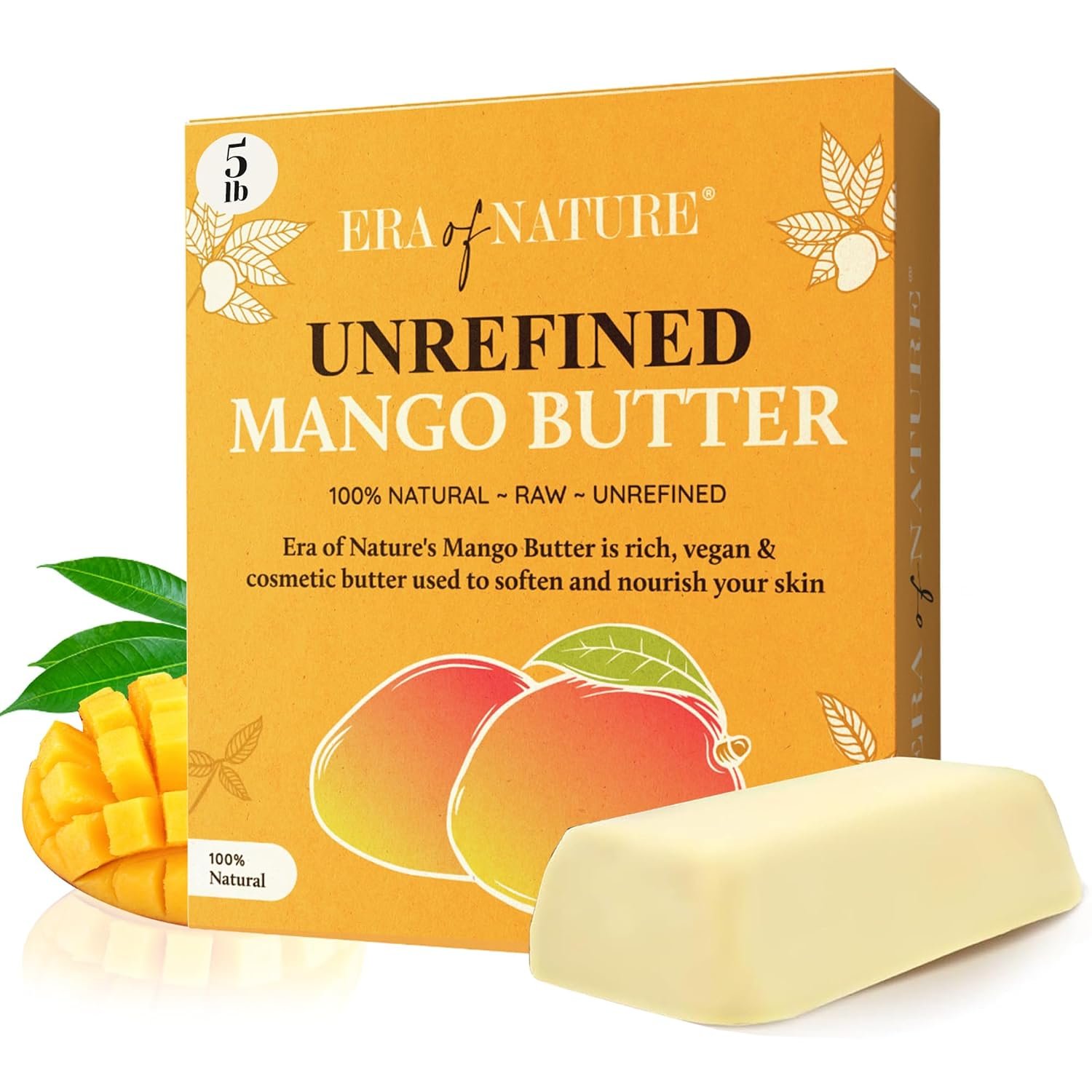 era of nature Organic Unrefined Raw Mango Body Butter Block 8oz – Moisturizing Mango Seed Raw Butter Bar for Skin & Hair, DIY Lip Balm Base, Cream, Soap & Lotion Making Supplies Kit, Personal Skincare