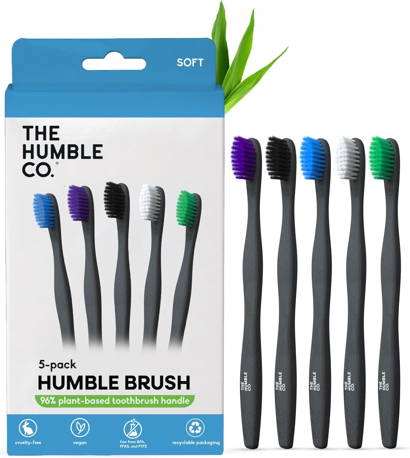 The Humble Co. Plant-Based Soft Bristle Toothbrushes, Black (5 Pack)