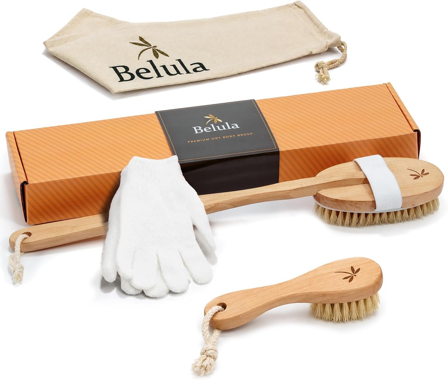 Belula 100% Boar Bristle Dry Brushing Body Brush Set, Face Brush, Gloves