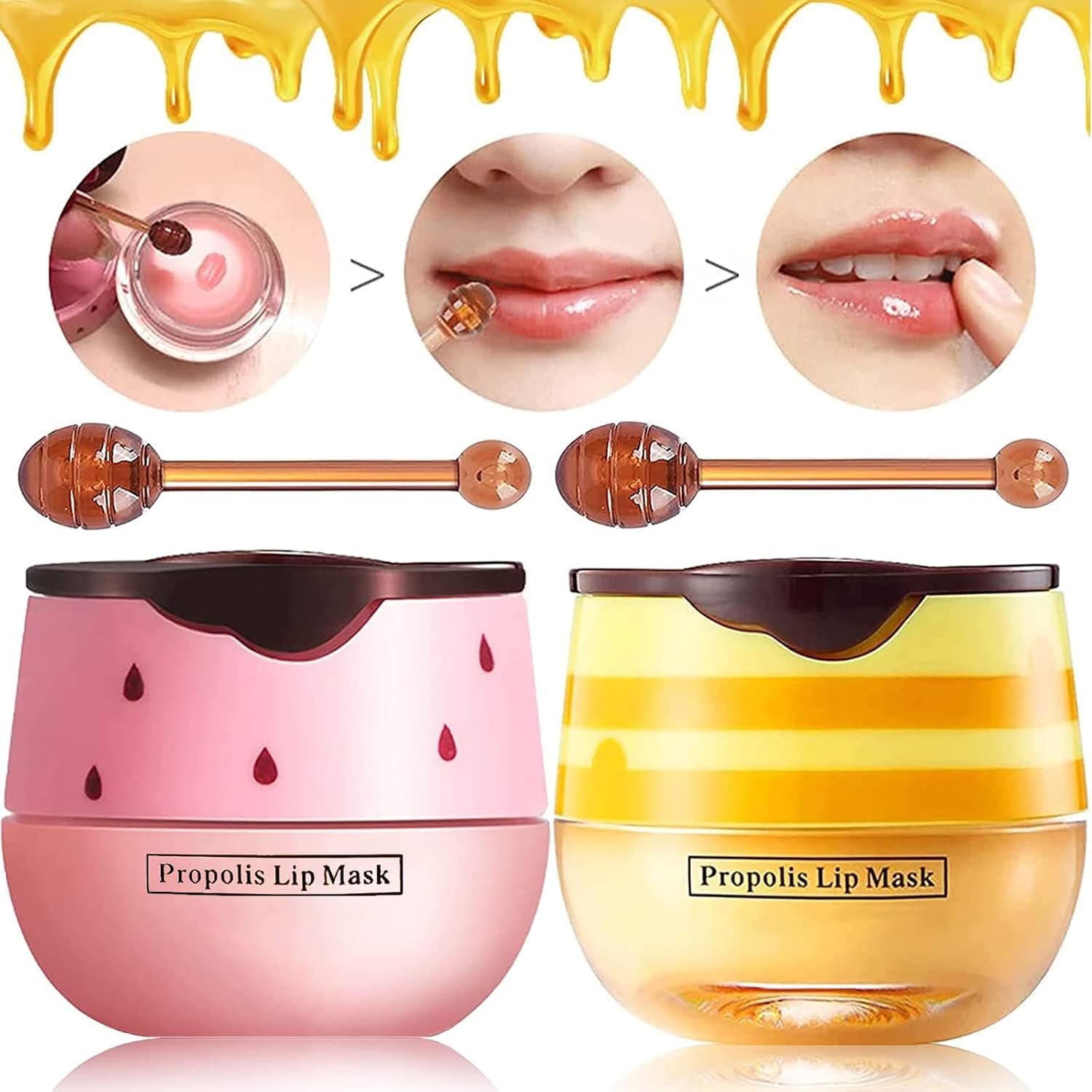 2 Pcs Bee Lip Balm Honey Pot, Honey & Strawberry Lip Mask Propolis Lip Mask