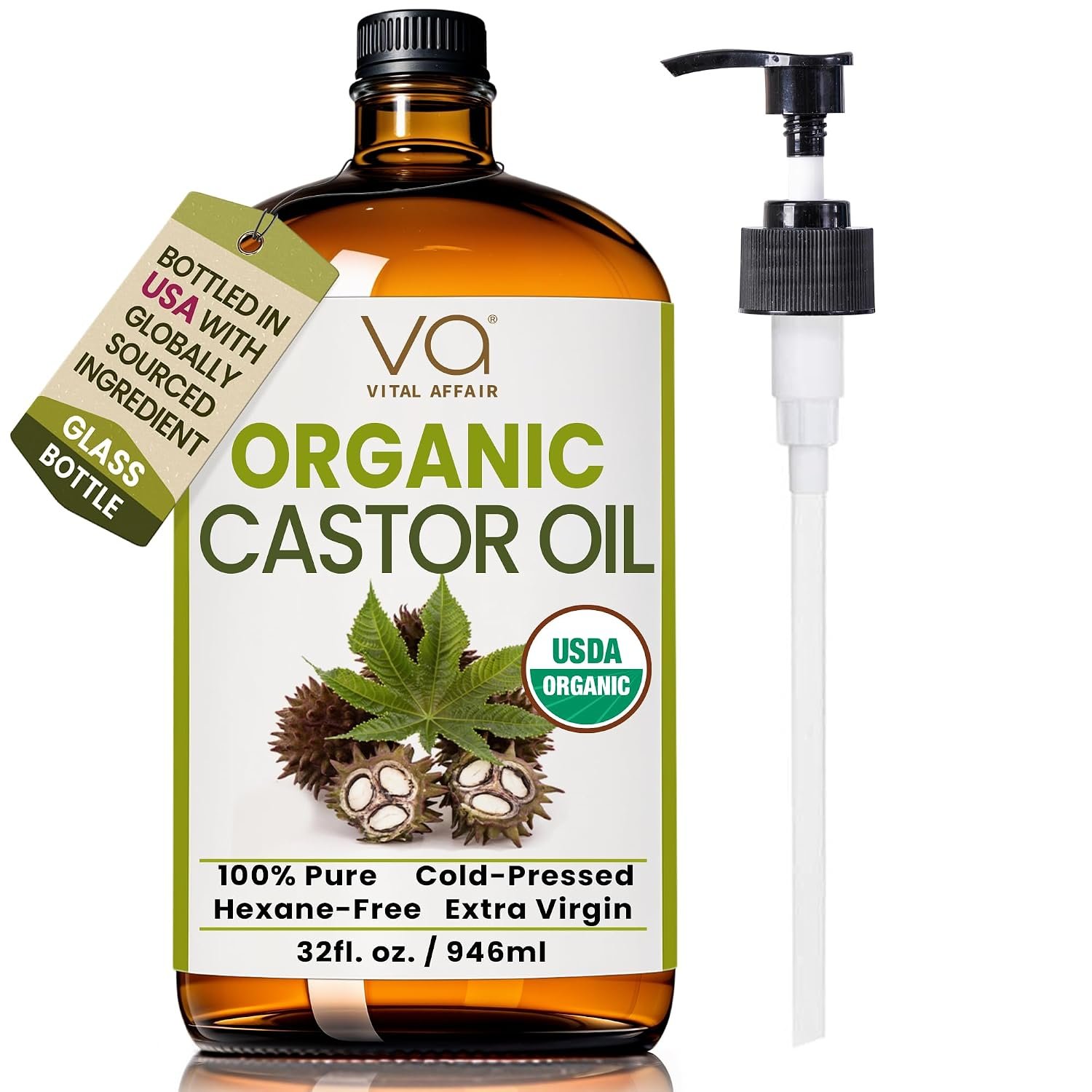 Castor Oil Organic Cold Pressed Glass Bottle 32oz For Hair Growth, Eyebrow
