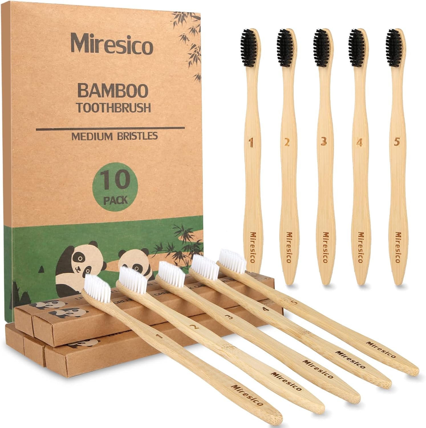 Bamboo Toothbrushes 10 Pack, Plant Based Medium Bristle Toothbrush