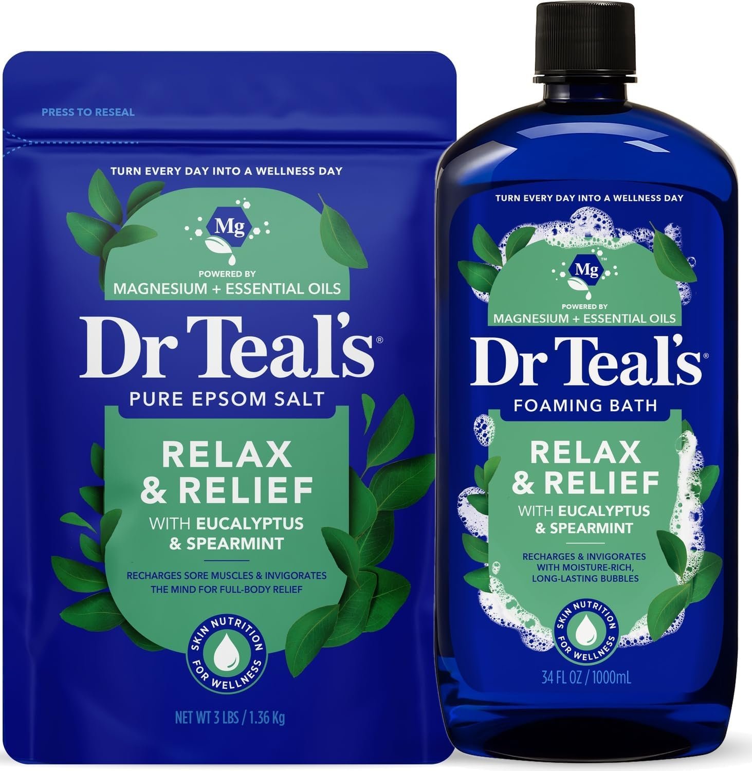 Dr Teal’s Pure Epsom Salt Soak and Foaming Bath, Relax & Relief with Eucalyptus & Spearmint, Combo Pack