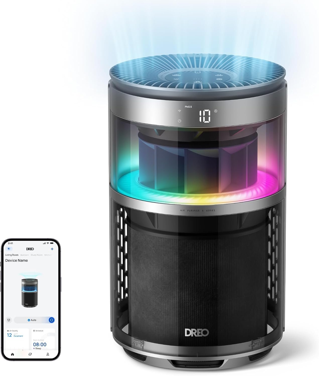 DREO Smart Air Purifier With RGBIC Light,Home Air Cleaner with Wi-Fi/Voice/Alexa, 4 Speeds & Auto/Turbo/HEPA Sleep Modes for Smoke, Dust, Pollen, Odor, PM2.5 Quality Monitor, DREO 530S, DR-HAP010S