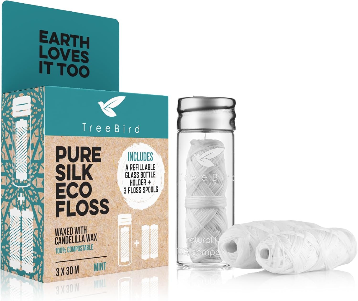TreeBird Pure Silk Eco Floss Kit – Refillable Floss Dispenser (Glass) + 3×33 yd Silk Refills | Waxed with Candelilla Wax | Mint