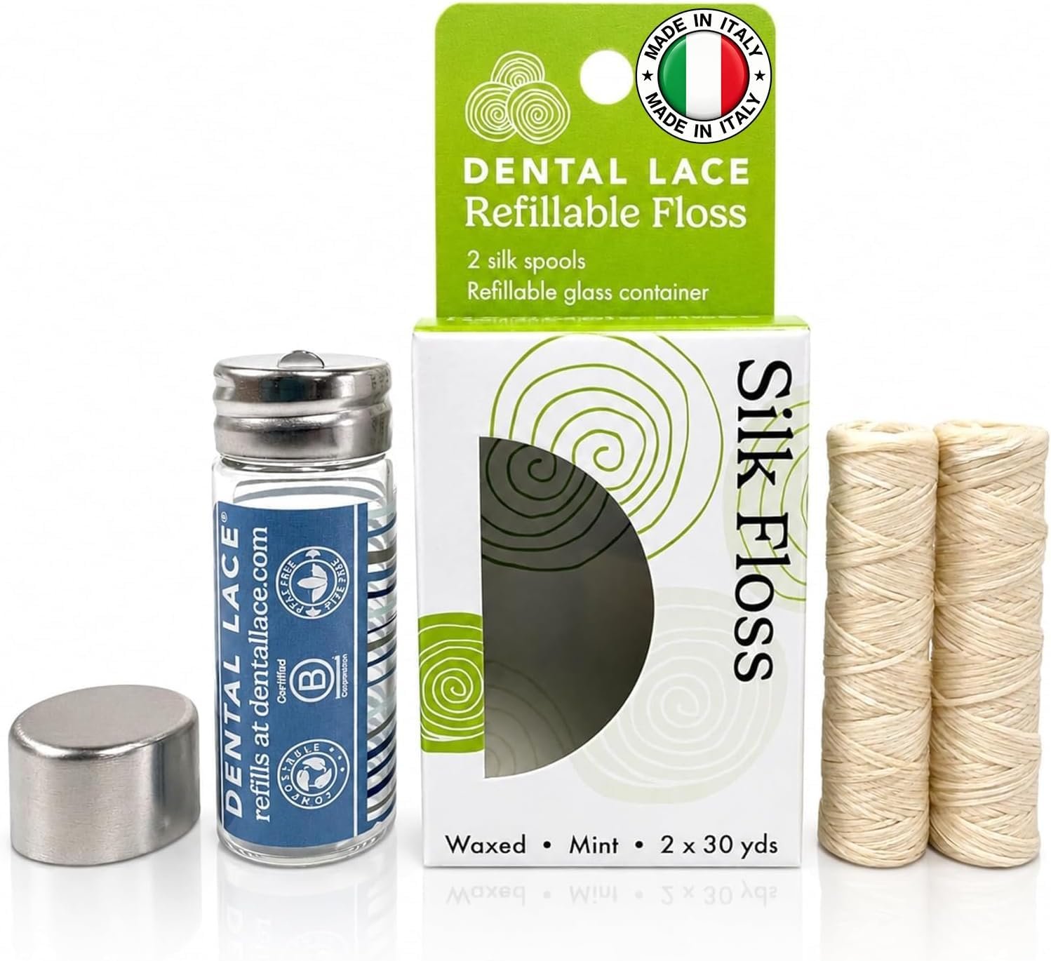 Dental Lace Refillable Silk Dental Floss, Mint, Waxed, PFAS Free, 60 yds