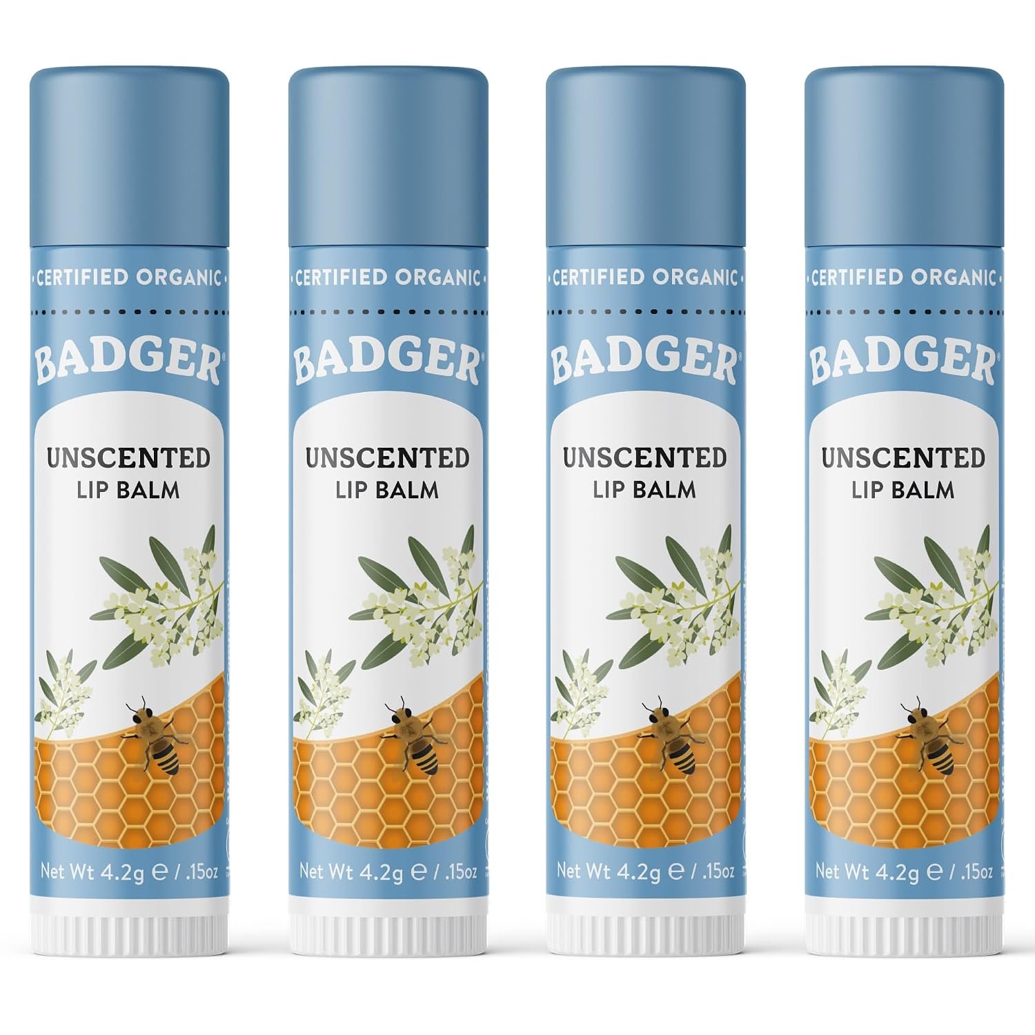Badger Unscented Classic Organic Lip Balm, Sensitive Lips, 4 Pack