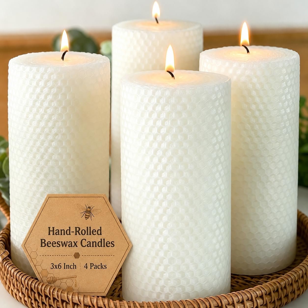 Beeswax Pillar Candles 3×6 Inch 4 Pack, Honeycomb Decor