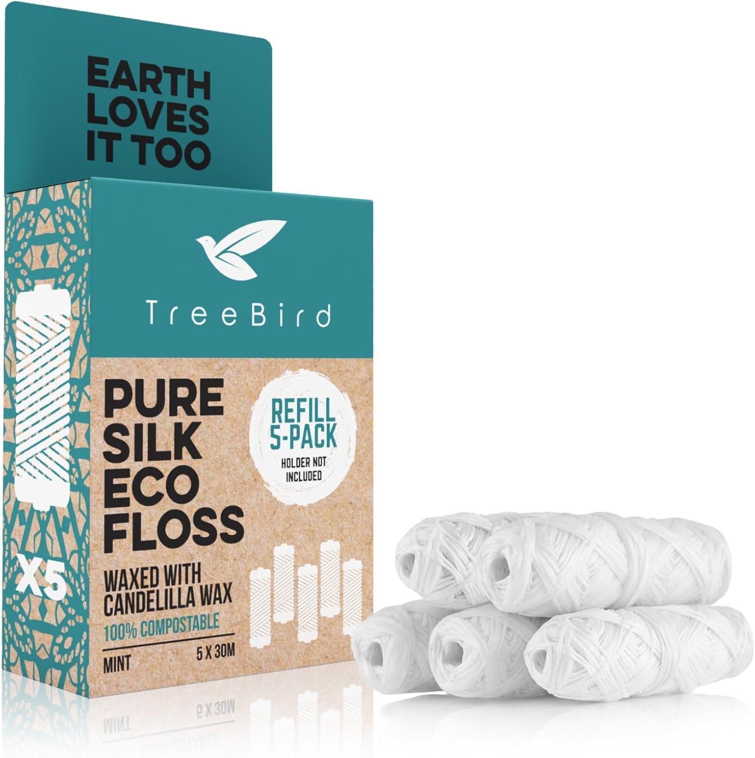 TreeBird Pure Silk Eco Floss Refills | Pack of 5 x 33yd Silk Dental Floss Spools | Waxed with Candelilla Wax | Mint