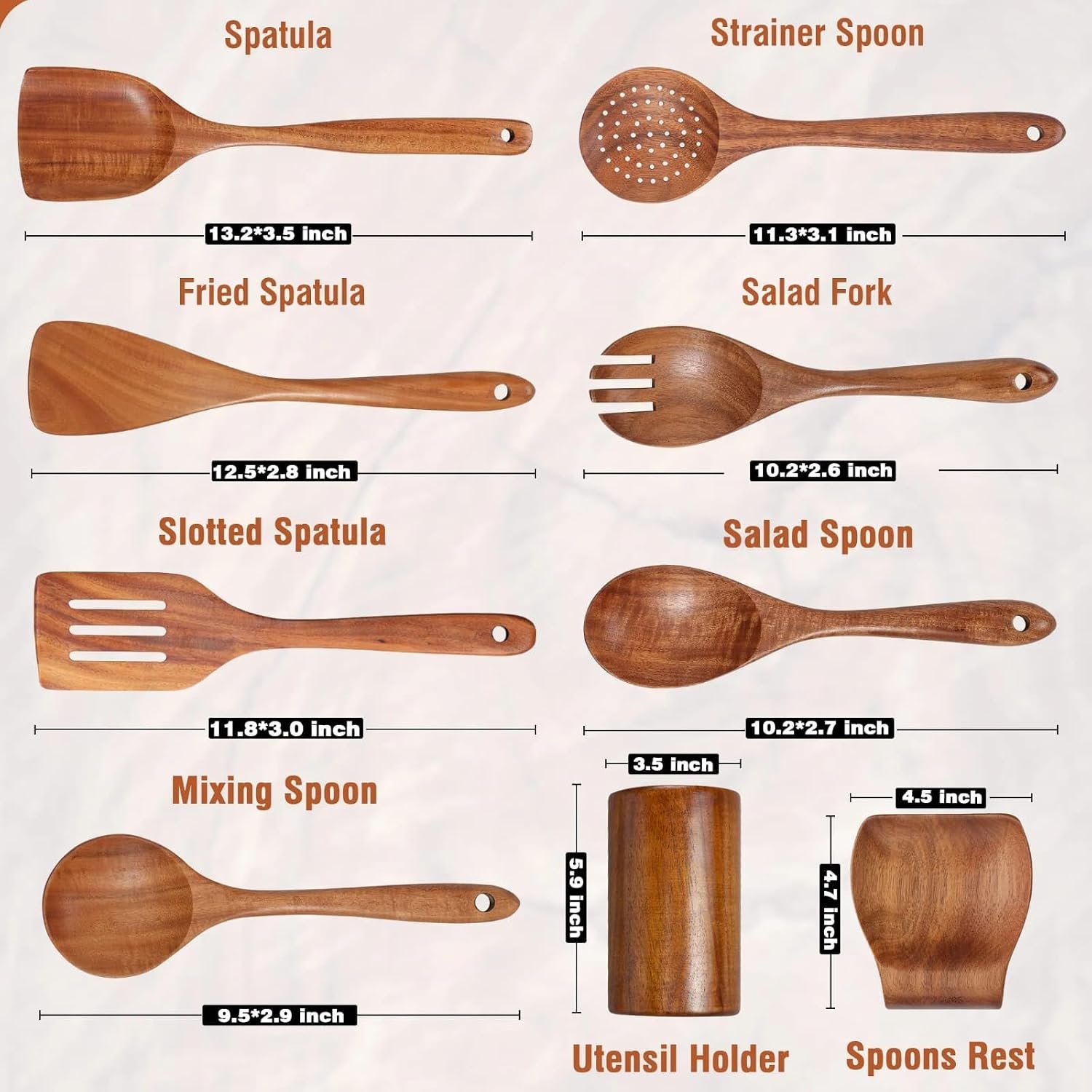 9-Piece Teak Wooden Cooking Utensil Set with Holder – Premium Non-Stick Teak Wood Spoons & Spatulas for Cooking | Heat-Resistant, Scratch-Free, Eco-Friendly Wooden Utensils for Kitchen