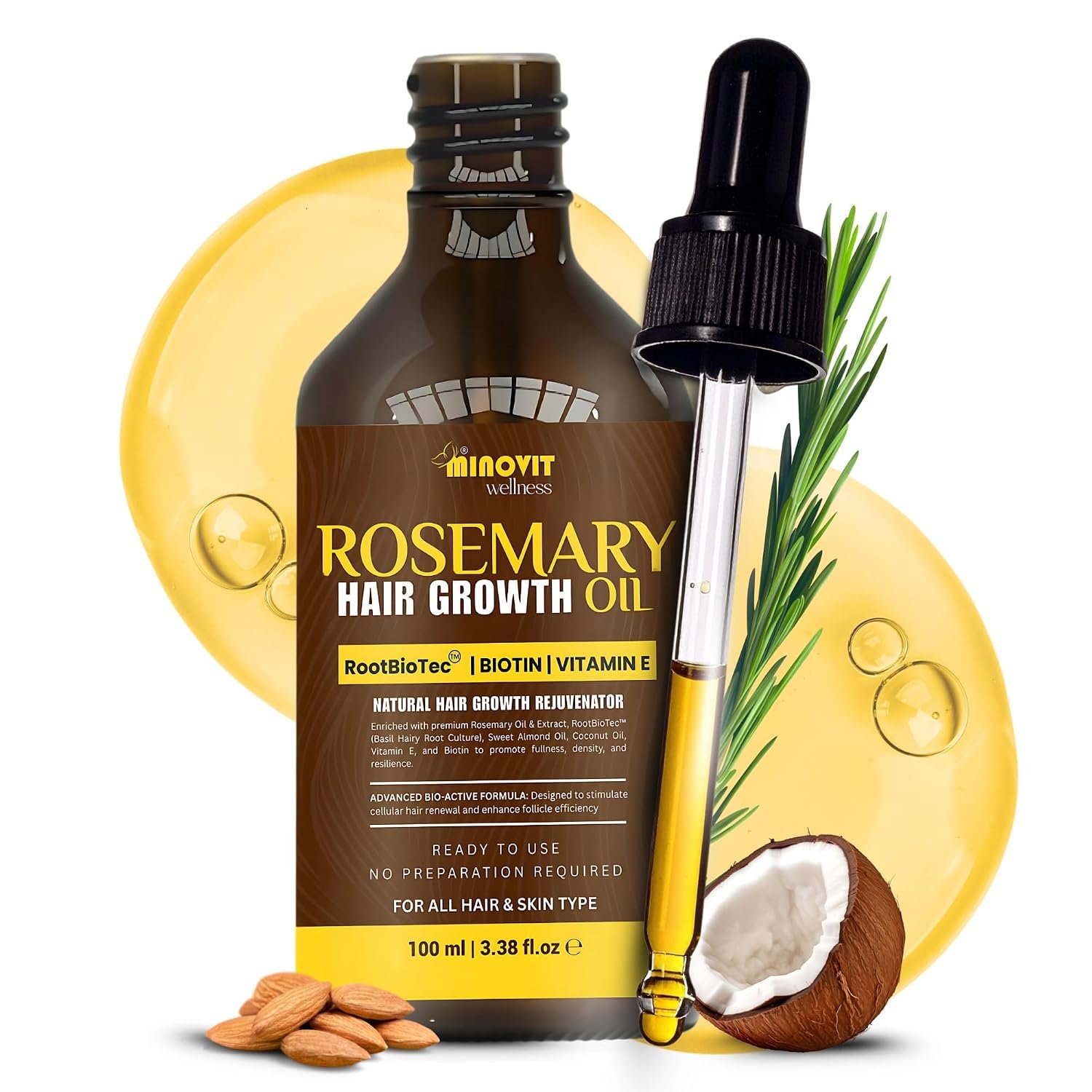 Rosemary Oil For Hair Growth with Biotin, Vitamin E, 3.4 fl oz
