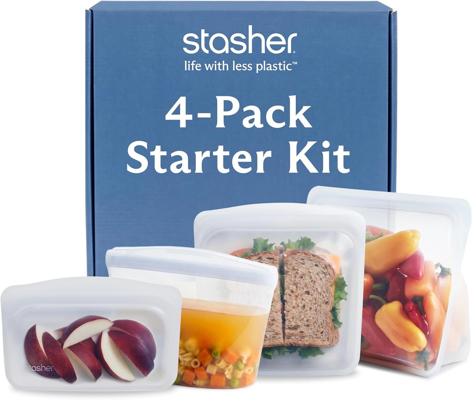 Stasher Premium Reusable Silicone Storage Bags, 4-Pack Starter Kit, Clear