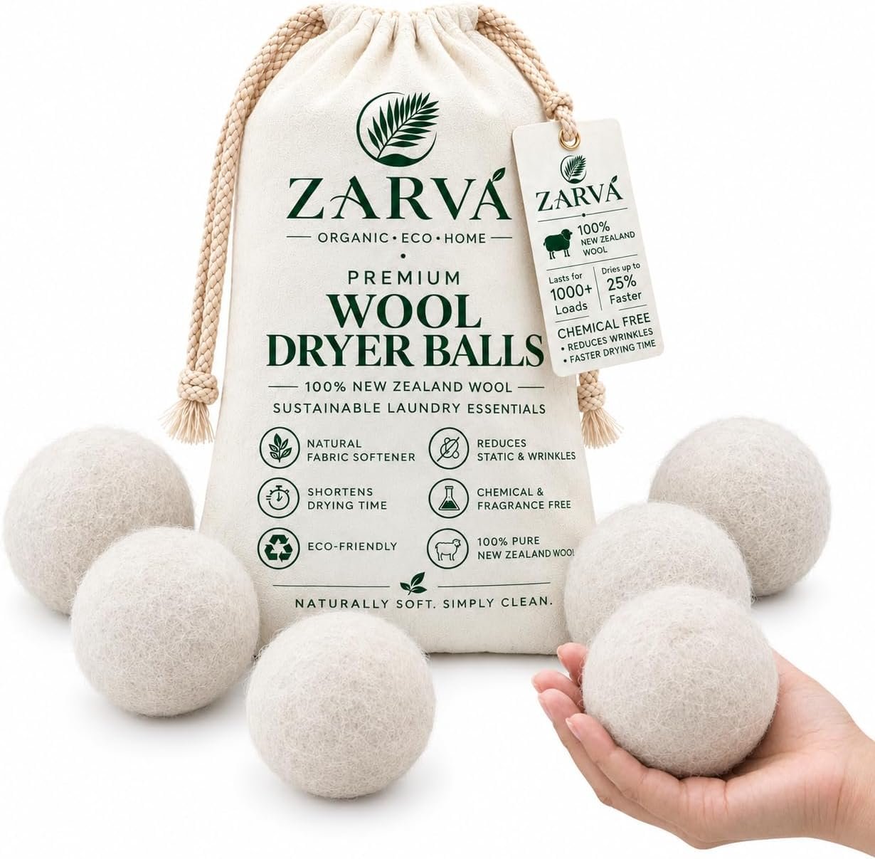 Wool Dryer Balls XL 6 Pack, Organic New Zealand Wool, Handmade, Unscented