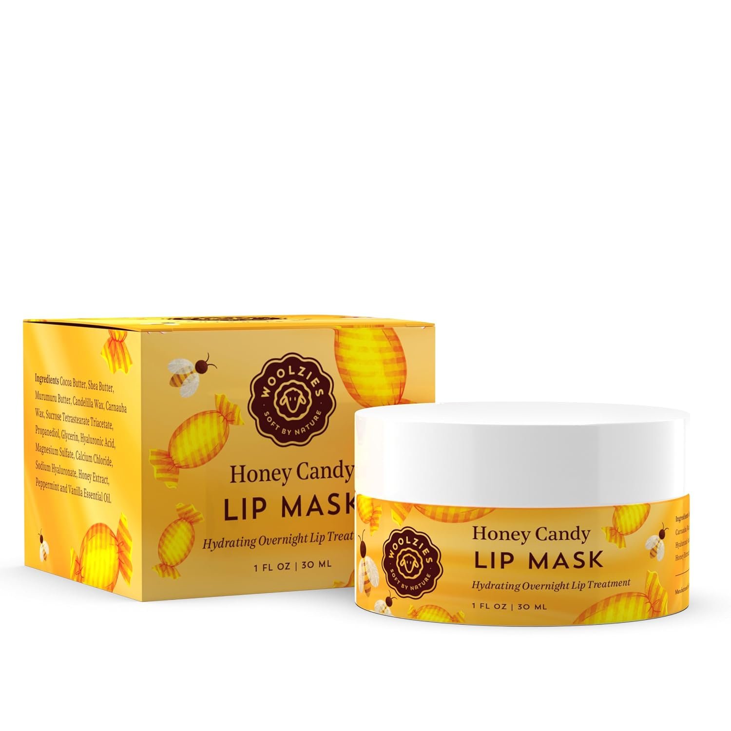 Hydrating Lip Mask with Hyaluronic Acid | Overnight Treatment for Soft, Smooth Lips | Shea Butter, Vitamin E & Natural Oils | 1 oz Jar (1 Ounce, Honey Candy)