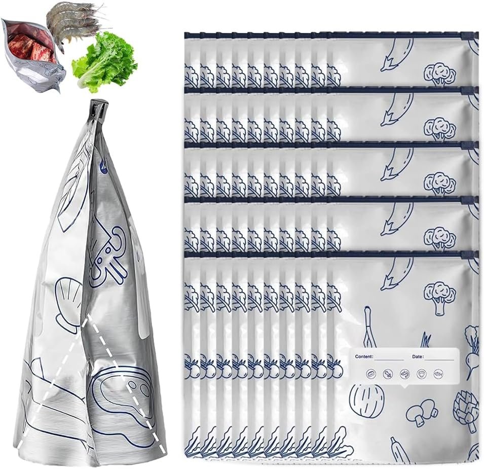 Reusable Aluminum Foil Sealable Storage Bags, Vacuum Zipper Pouches with Label and Stand Up Bottom Design, Leakproof Durable Food Storage Bags for Vegetables Fruits Meat (10, Small)