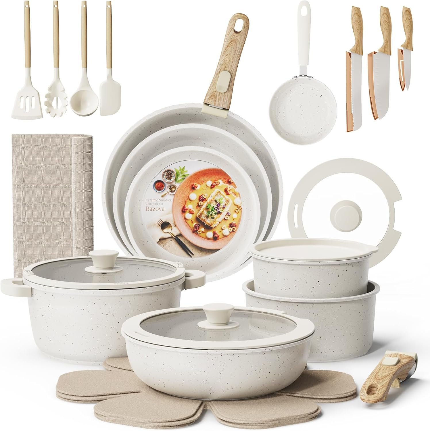 31Pcs Pots and Pans Set Non Stick Ceramic Cookware Set w/Removable Handle