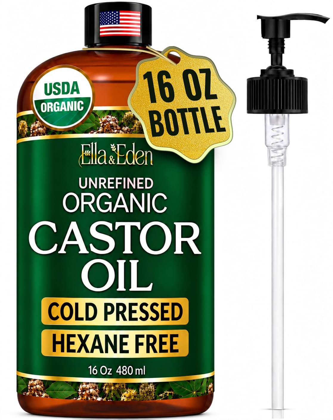 USDA Organic Castor Oil for Hair Growth, Cold-Pressed 16 Oz, USA Made