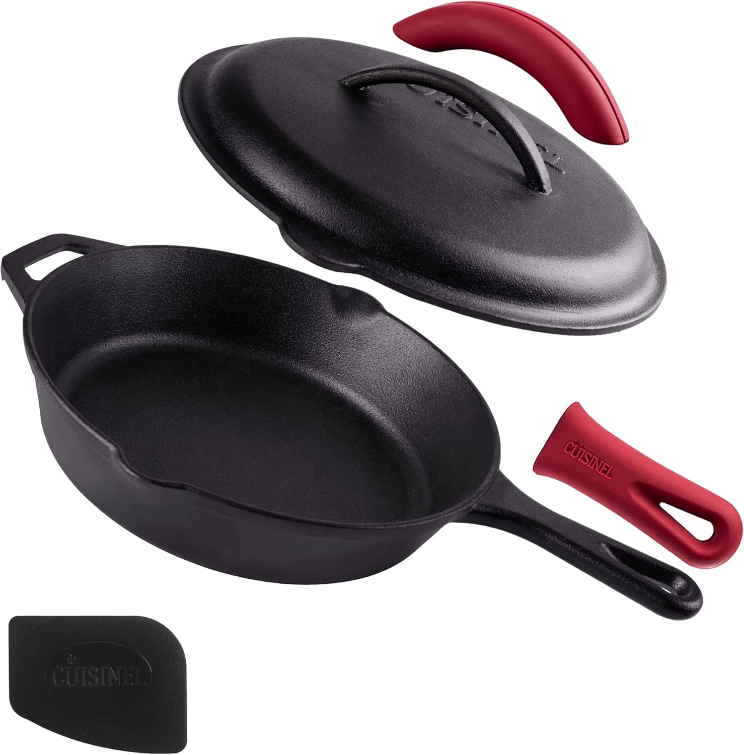 Cuisinel Cast Iron Skillet with Lid – 10″-inch Pre-Seasoned Covered Frying Pan Set + Silicone Handle and Lid Holders + Scraper/Cleaner – Use Indoor/Outdoor, Oven, Stove, BBQ, Fire, Grill Cookware