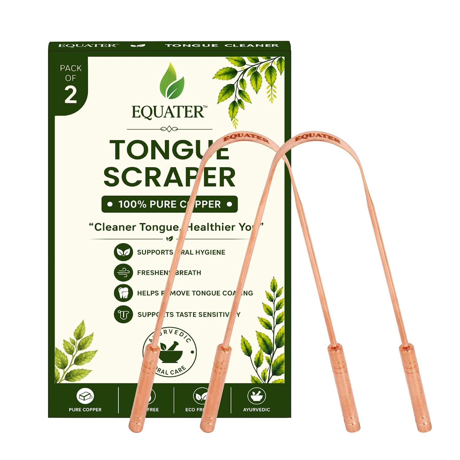 Equater Pure Copper Tongue Cleaner for Adults | Tongue Scraper for Oral Care | Ayurvedic Tongue Cleaner | Pack of 2