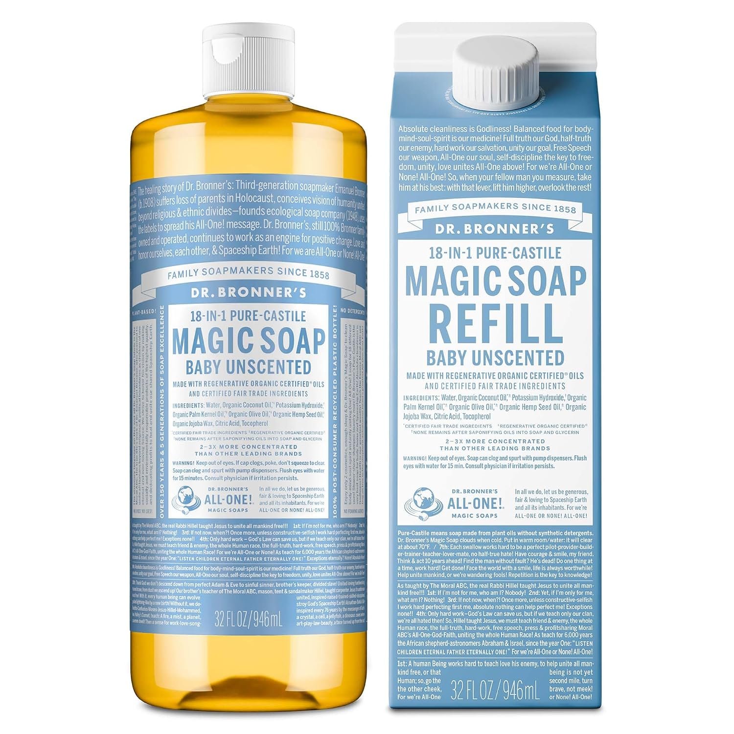 Dr. Bronner’s Pure-Castile Liquid Magic Soap Bottle & Refill Carton – Made with Regenerative Organic Certified Oils- 18-in-1 Uses for Face, Body Wash, Hand Soap Refill- Baby Unscented, 32 oz