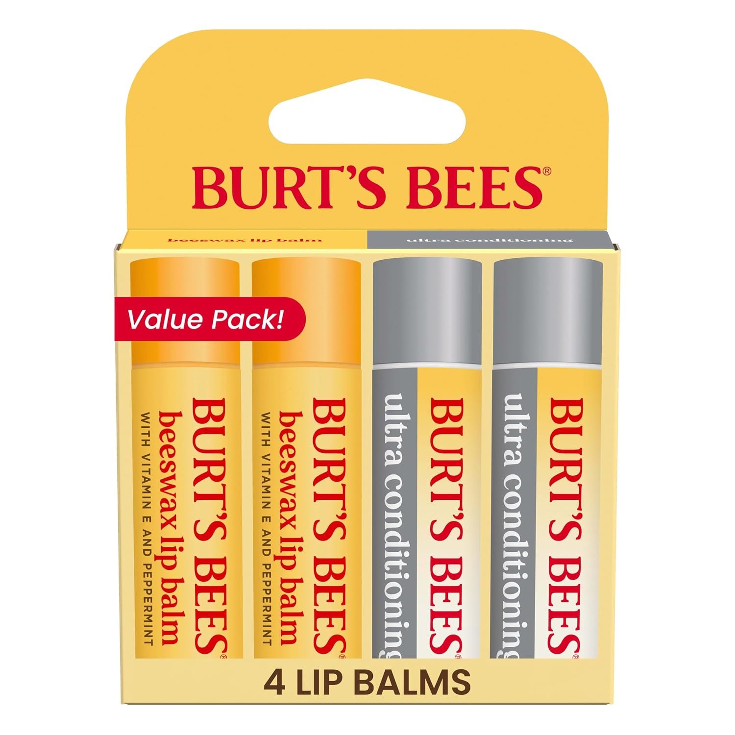 Burt’s Bees Lip Balm and Ultra Conditioning Lip Balm, 0.15 oz., 4 Tubes