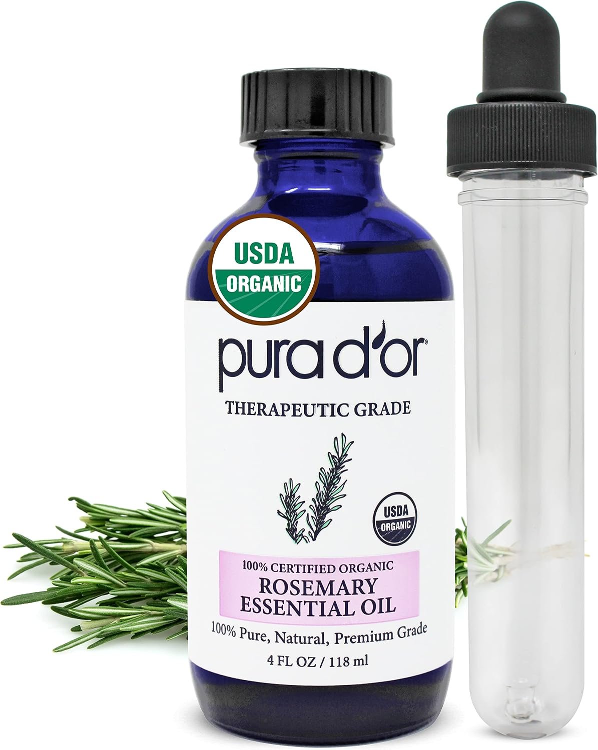 PURA D’OR Organic Rosemary Essential Oil, 4oz, Therapeutic Grade, for Hair, Body, Skin, Aromatherapy, Relaxation, Massage, Mood, Relief, Home, DIY Soap