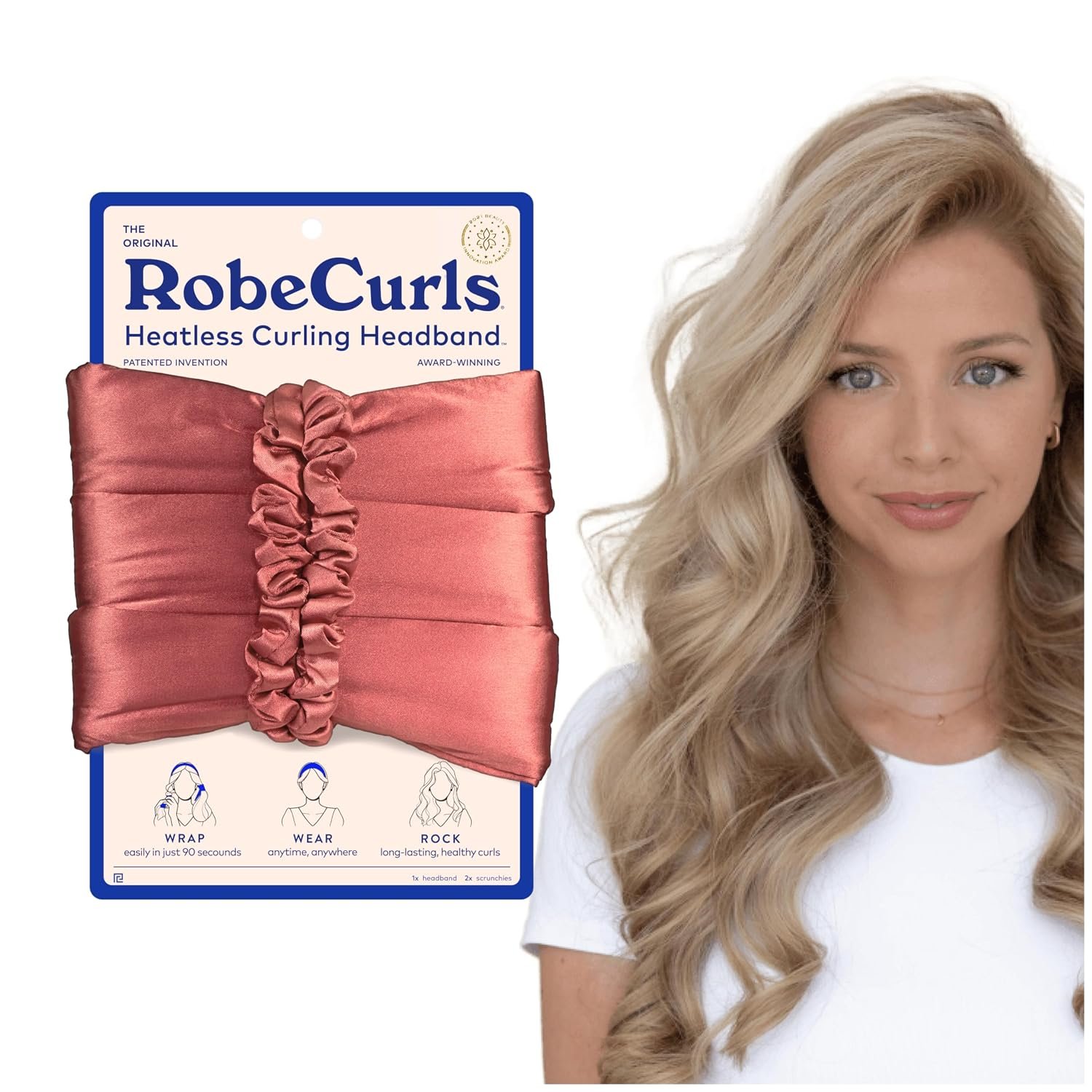 RobeCurls Original Heatless Hair Curler Set with 2 Scrunchies – Patented Satin Curling Headband with Wire Hold for Heatless Curls Overnight – Gentle Hair Curlers to Sleep In for Women & Kids, Rose