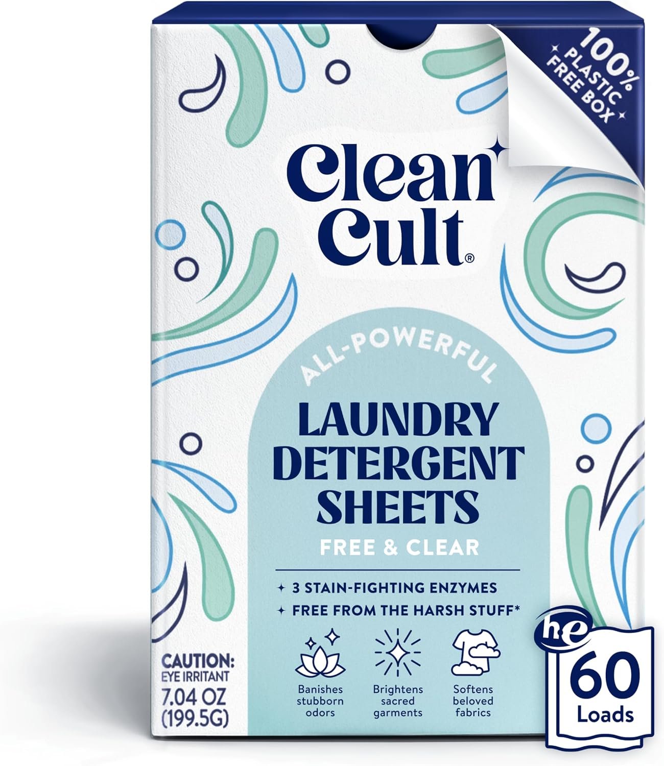 Cleancult Laundry Detergent Sheets – Resealable Box – 3 Stain Fighting Enzymes – Fragrance Free – 60 Loads – Free of Harsh Chemicals – No Mess – No Plastic Waste
