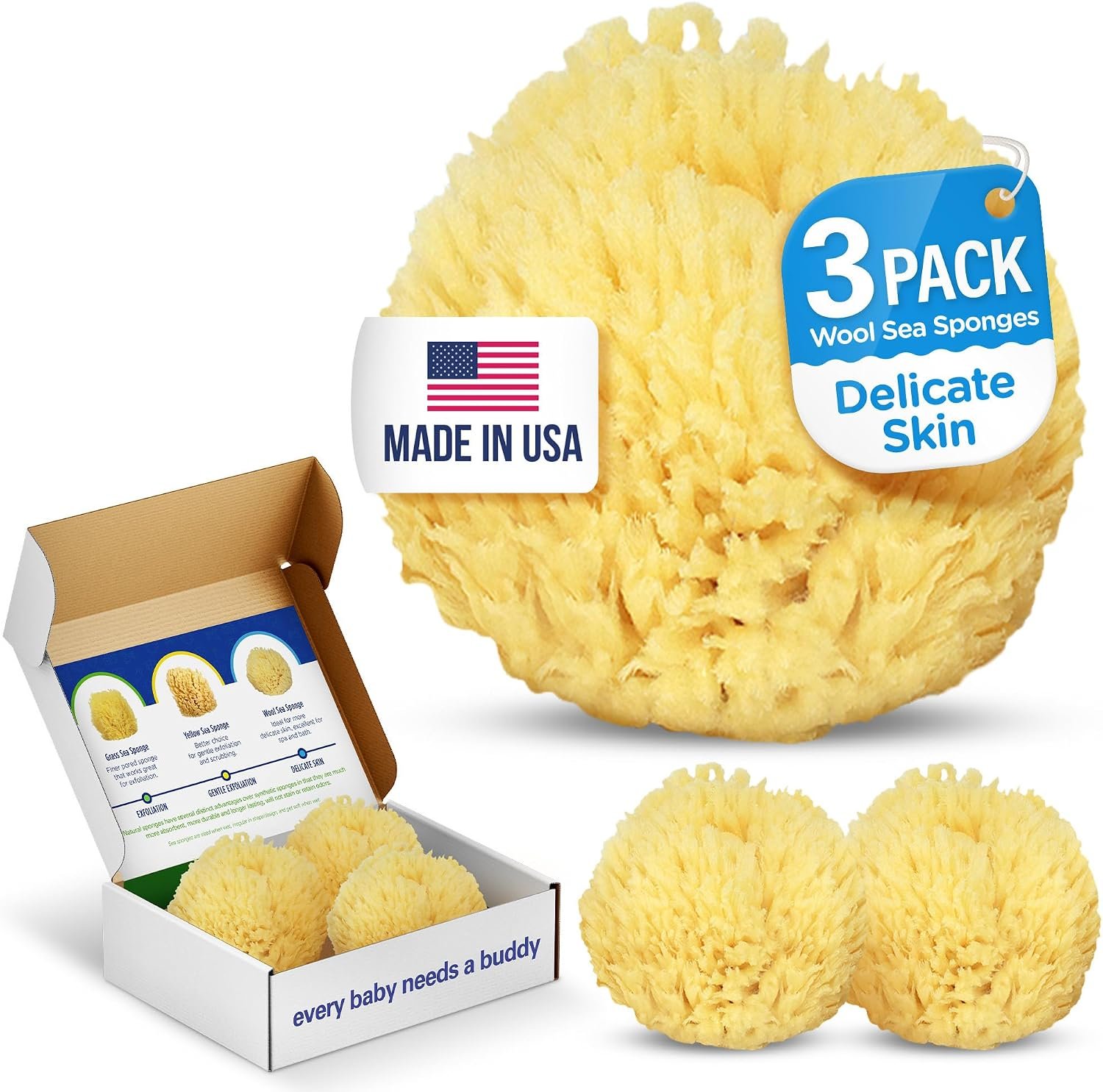 Baby Buddy Natural Bath Sponge, Ultra-Soft Sea Wool, Gentle on Baby’s Skin, Hypoallergenic, Biodegradable, 3-Pack, 4in for Baby & Infant Bath Time