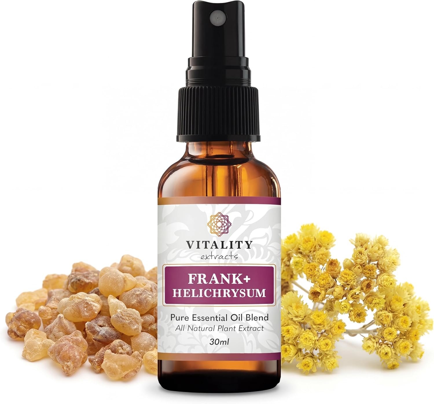 Vitality Extracts Frank+ Helichrysum Essential Oil Blend – 30ml Spray Bottle, Frankincense Boswellia Seratta, Aromatherapy, Soft Skin, Relief from Daily Aches & Soreness, Natural